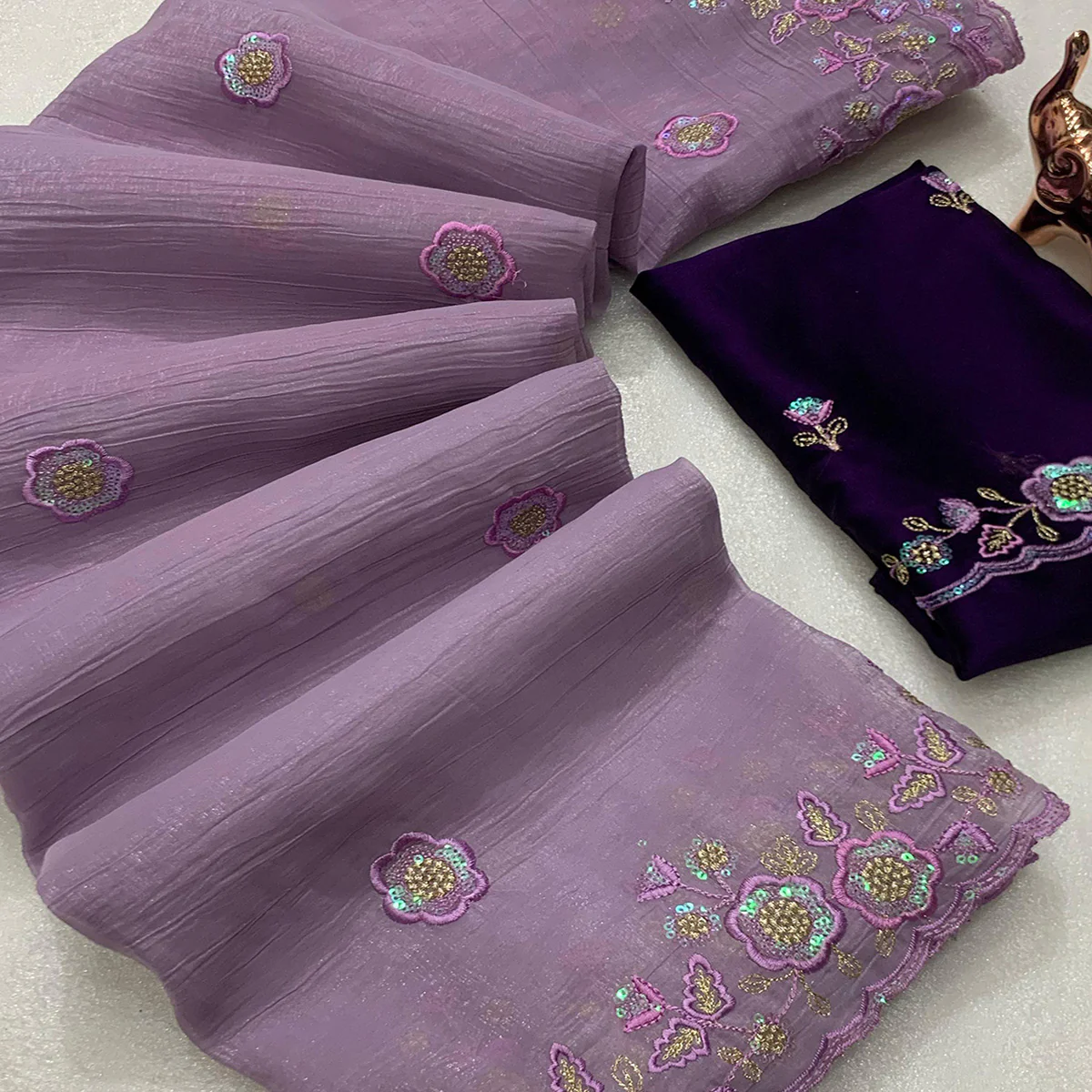 Lavender Floral Sequins Embroidered Chiffon Saree - Image 2