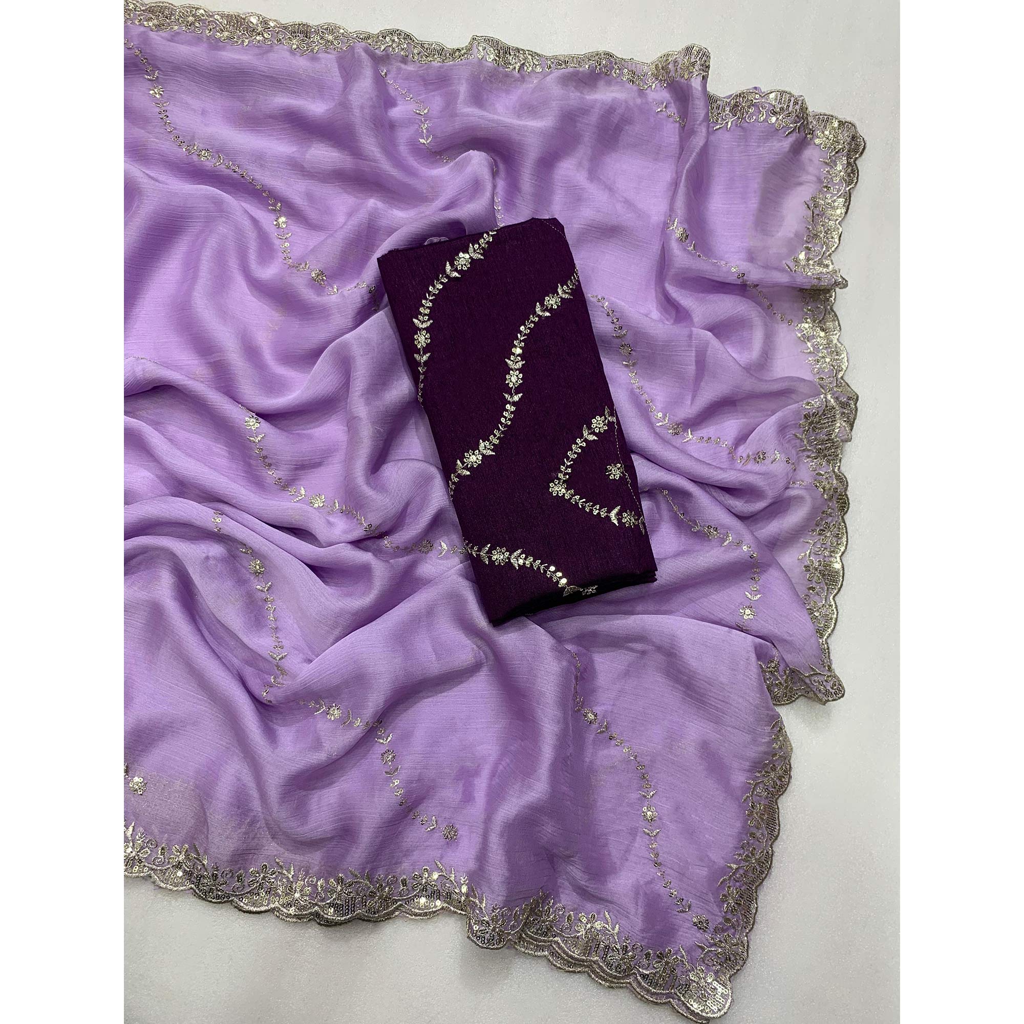 Lavender Floral Sequins Embroidered Chiffon Saree - Image 3