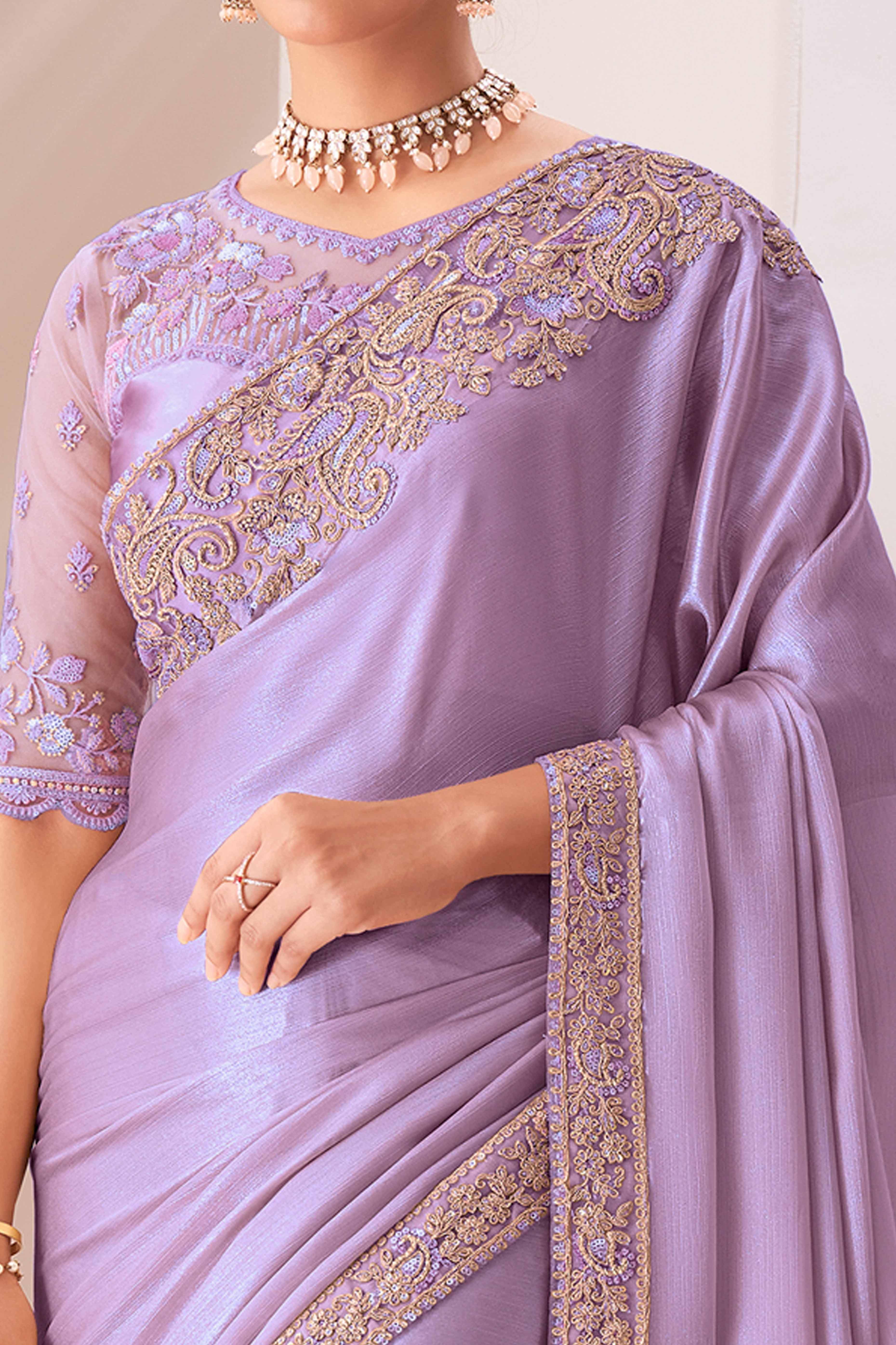 Lavender Floral Sequins Embroidered Chiffon Saree - Image 2