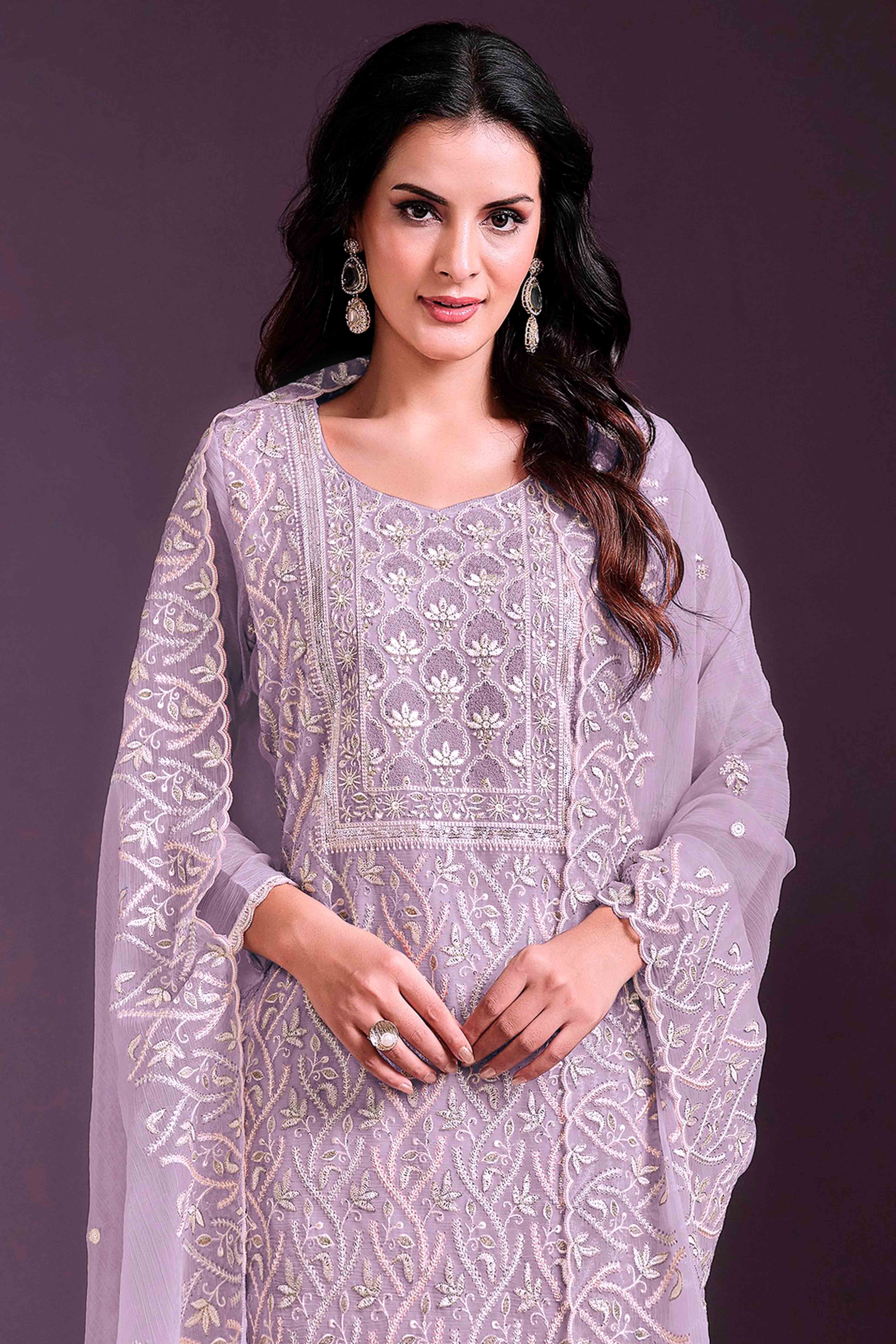 Lavender Floral Sequins Embroidered Chinon Semi Stitched Suit - Image 3