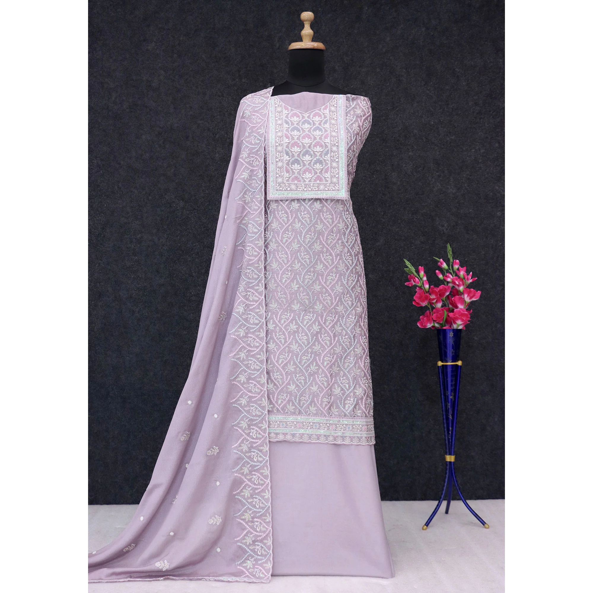 Lavender Floral Sequins Embroidered Chinon Semi Stitched Suit - Image 4