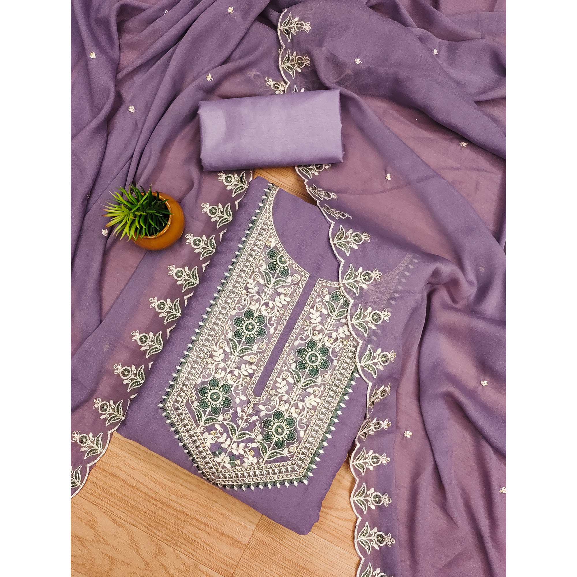 Lavender Floral Sequins Embroidered Georgette Dress Material - Image 3