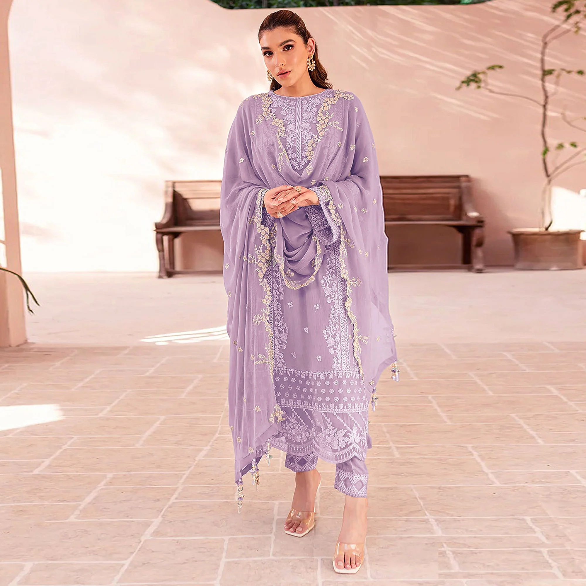 Lavender Floral Sequins Embroidered Georgette Semi Stitched Pakistani Suit - Image 2
