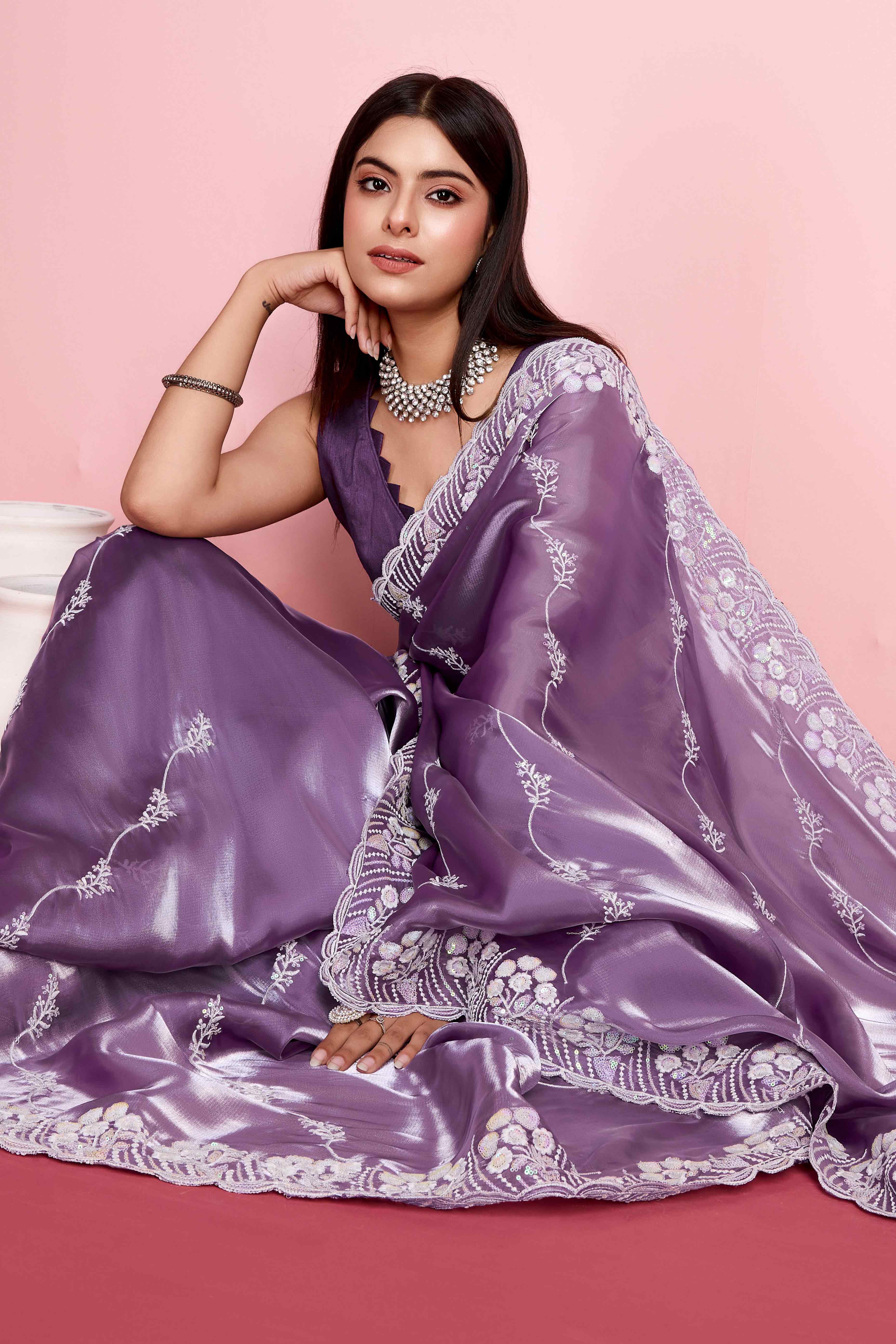 Lavender Floral Sequins Embroidered Jimmy Choo Tissue Saree - Image 5