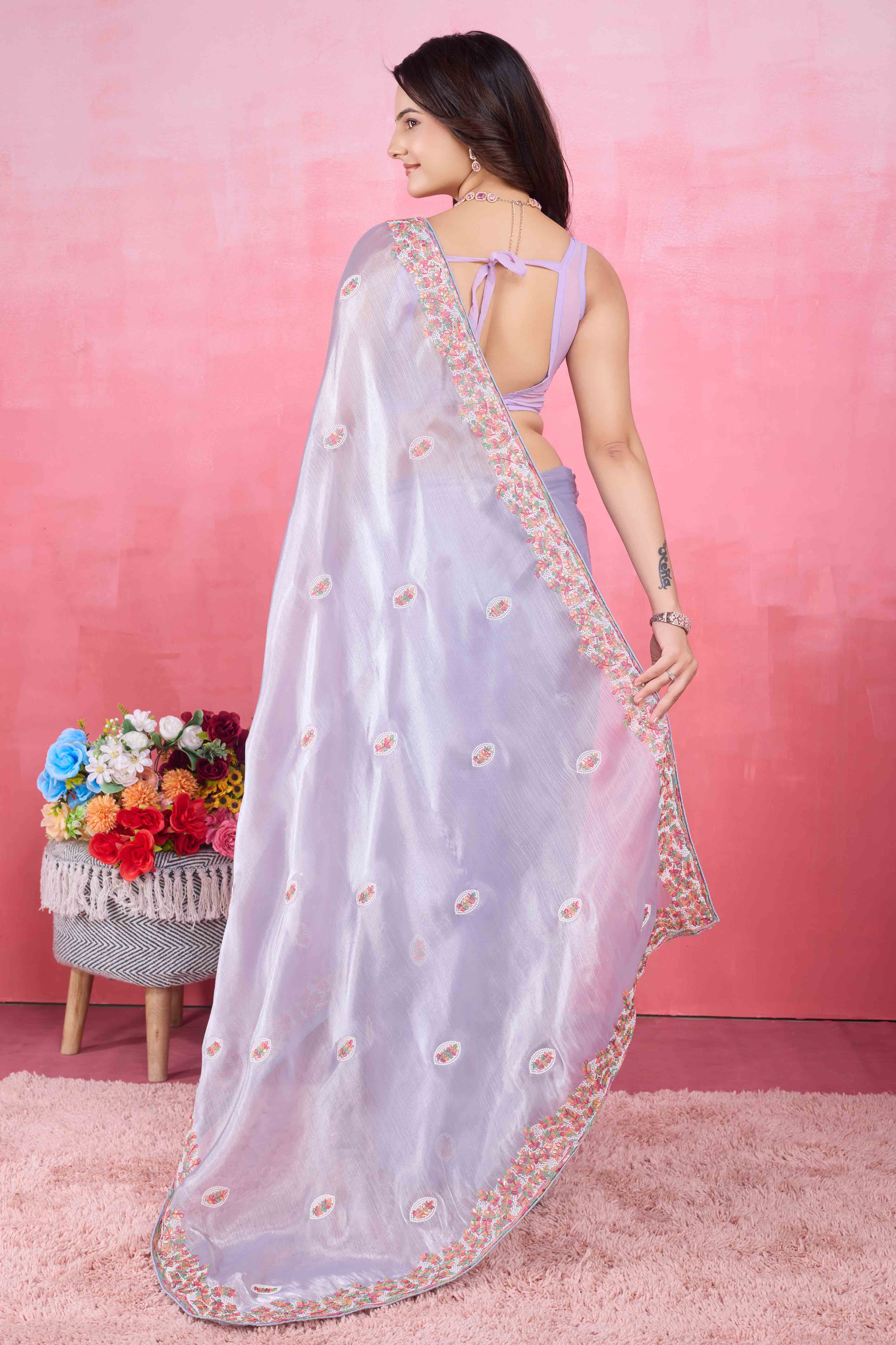 Lavender Floral Sequins Embroidered Mulberry Silk Saree - Image 3