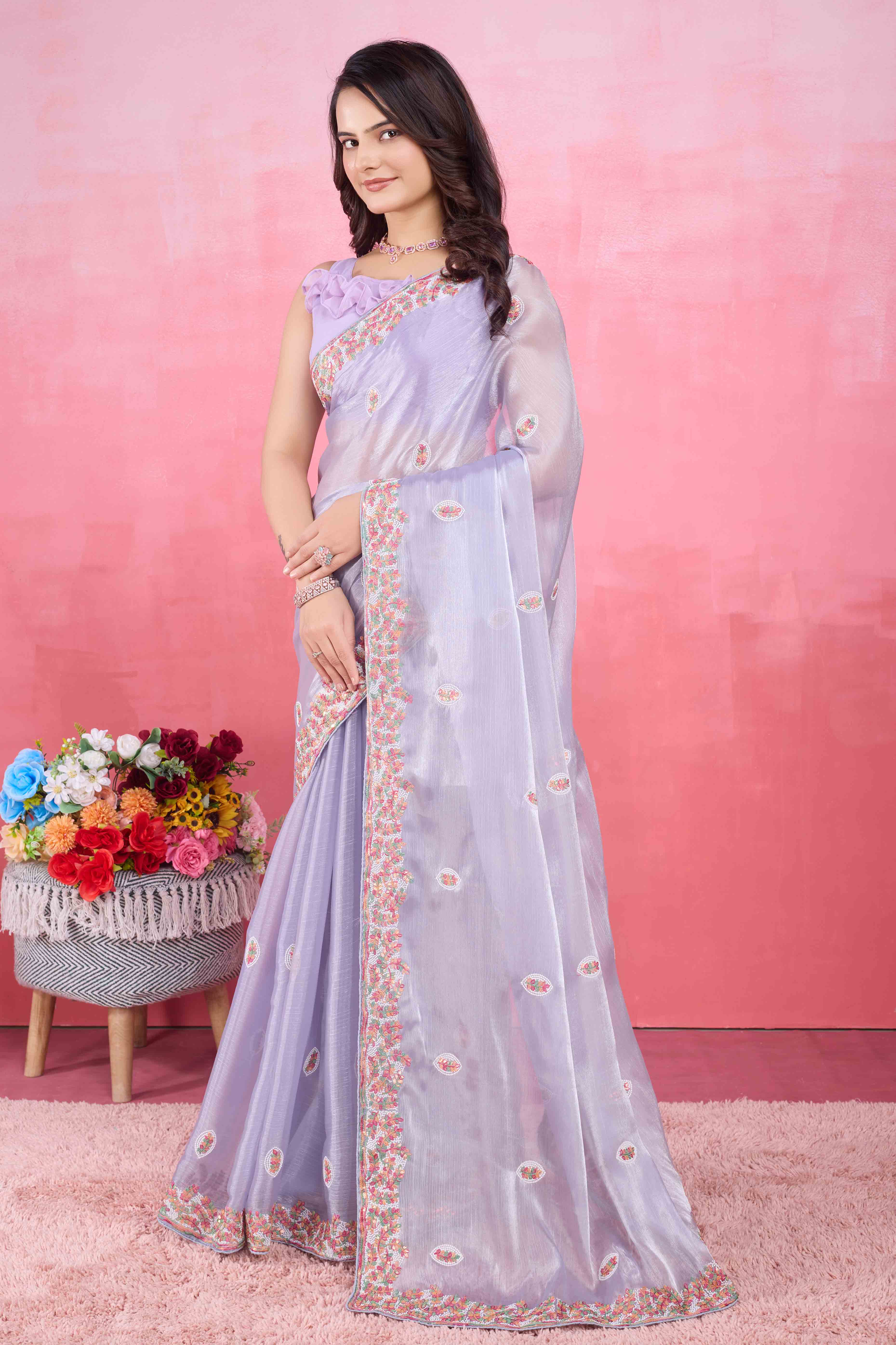 Lavender Floral Sequins Embroidered Mulberry Silk Saree - Image 4