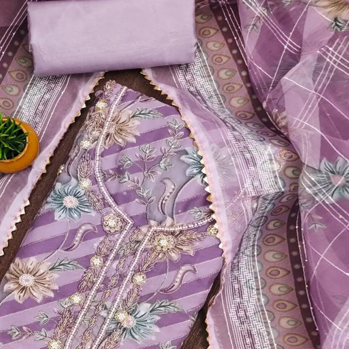 Lavender Floral Sequins Embroidered Organza Dress Material With Exquisite Handwork - Image 2