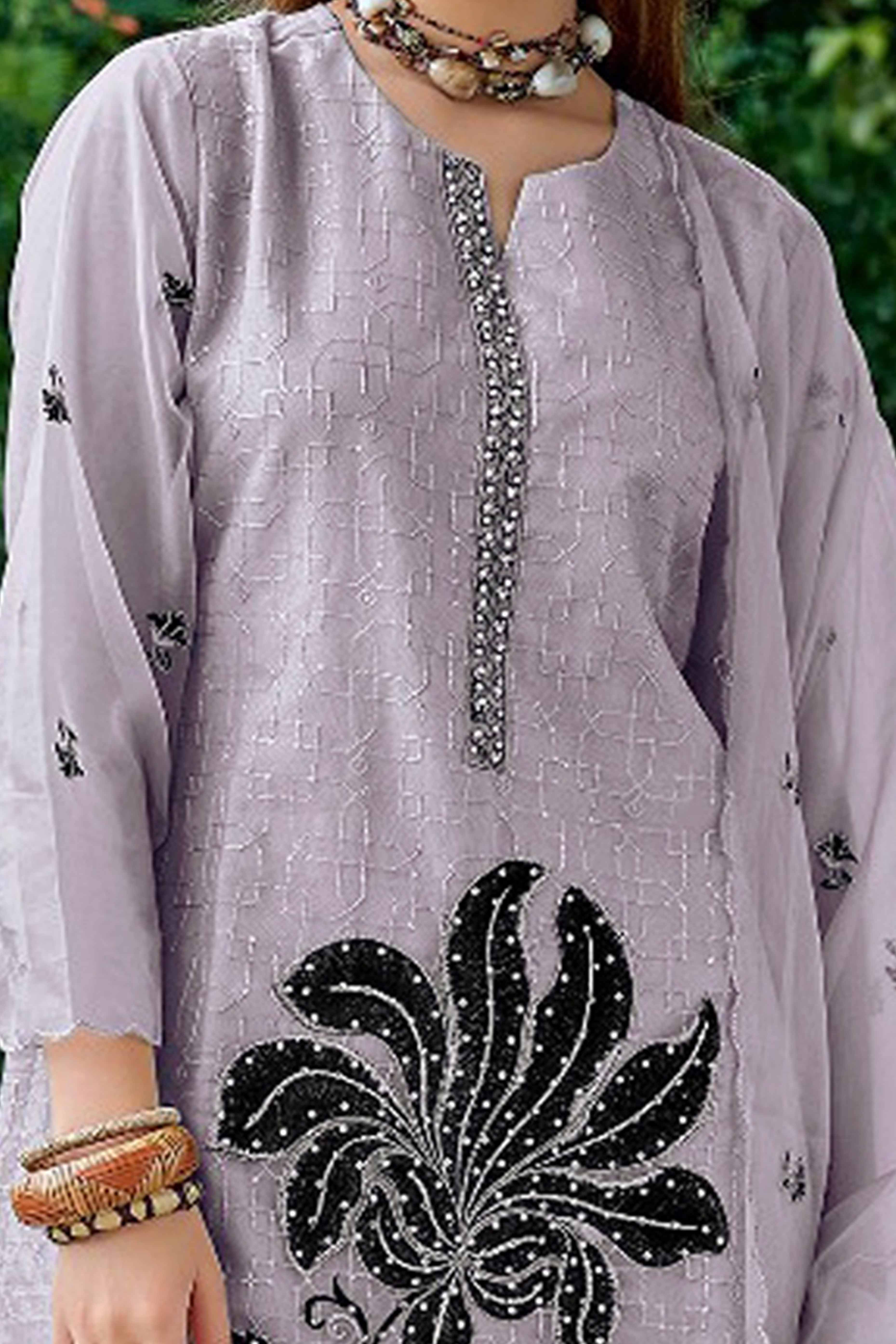 Lavender Floral Sequins Embroidered Organza Semi Stitched Pakistani Suit - Image 2