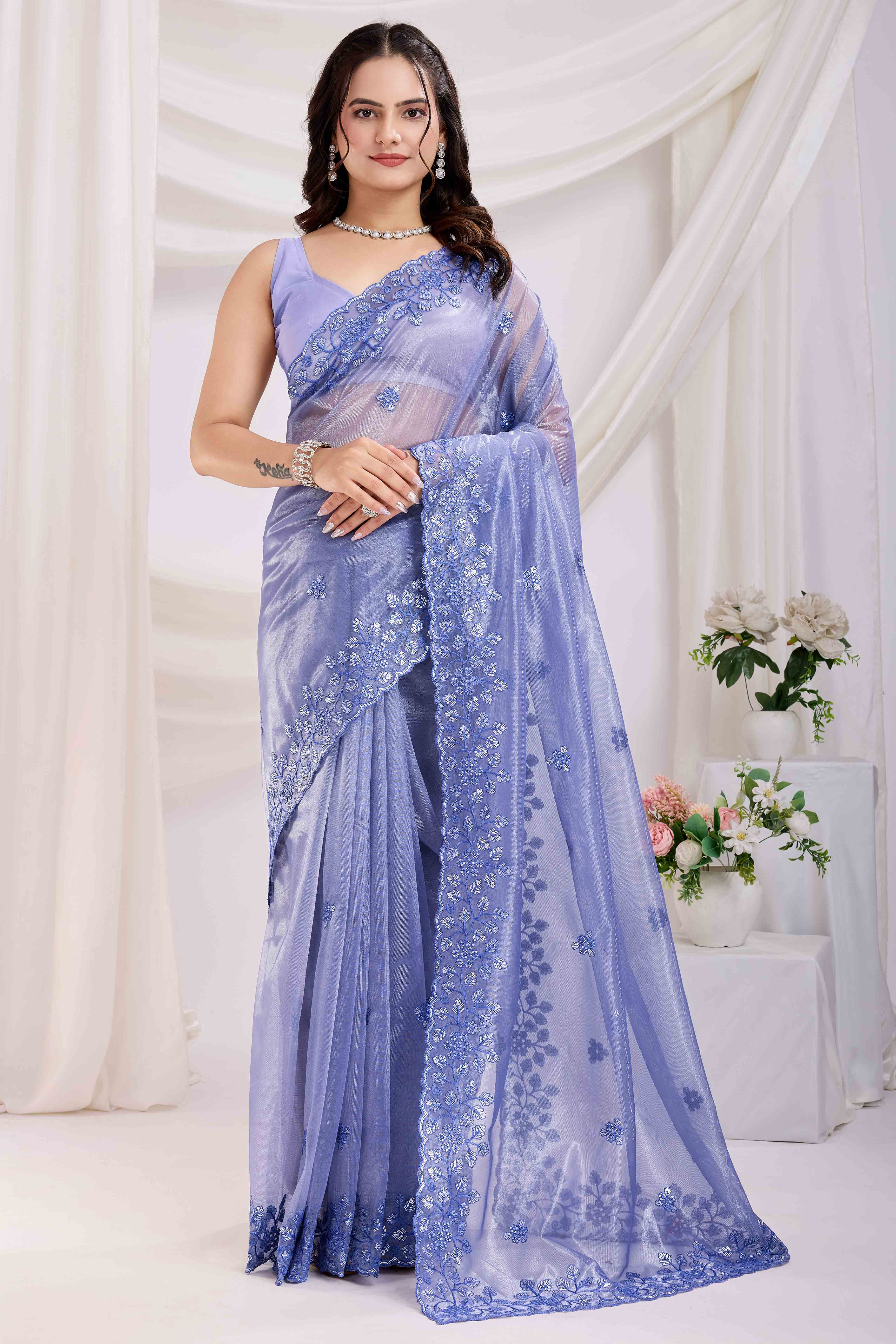 Lavender Floral Sequins Embroidered Twill Net Saree - Image 3