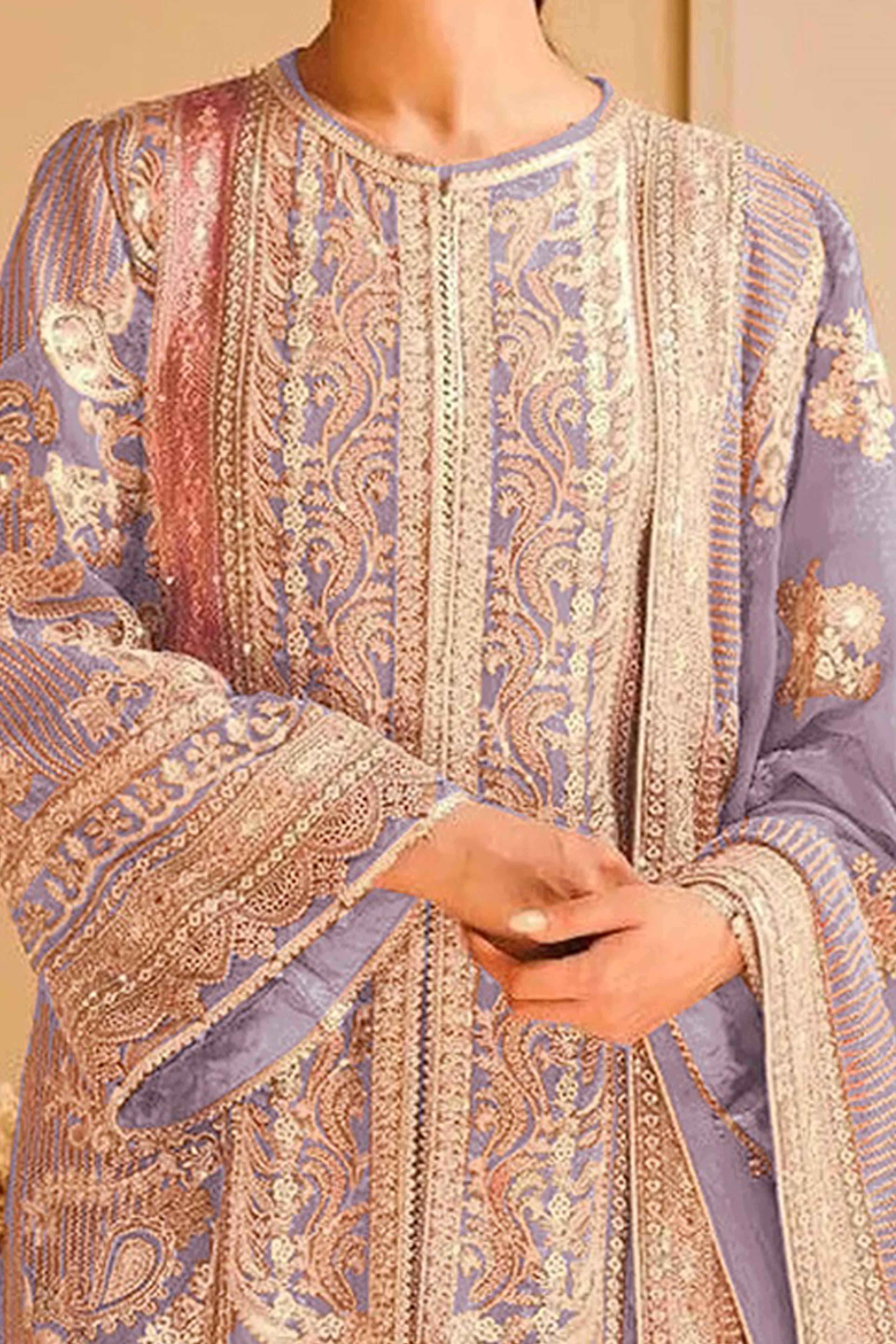 Lavender Floral Sequins Embroidery Georgette Semi Stitched Pakistani Suit - Image 2