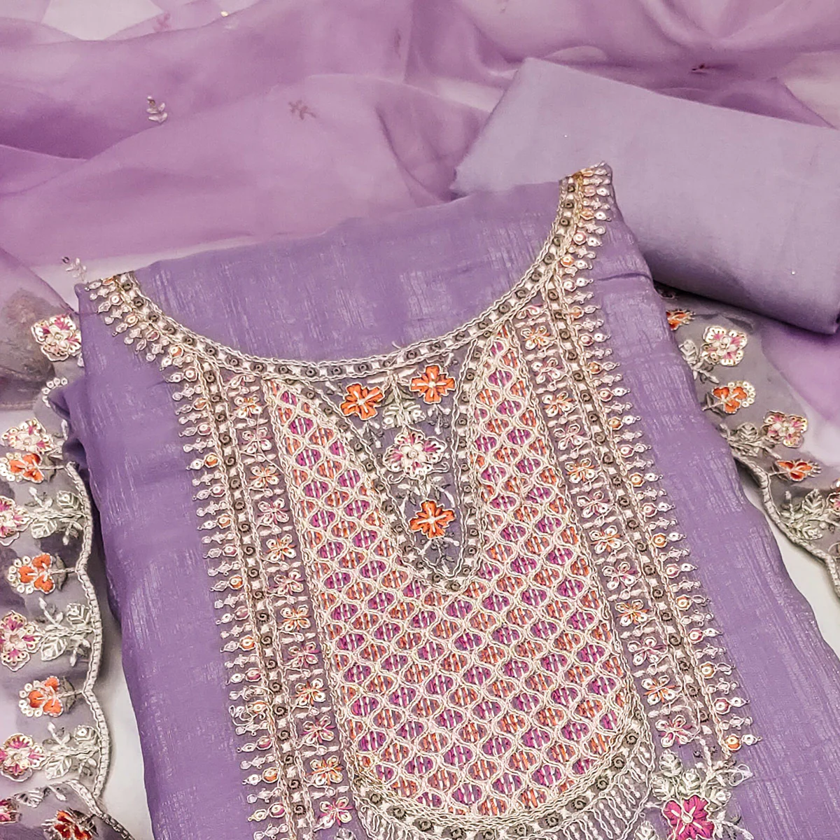 Lavender Floral Sequins Embroidery Viscose Dress Material - Image 2