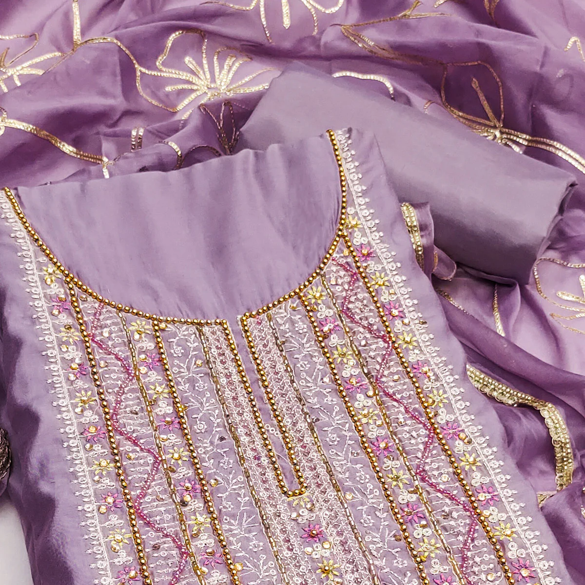 Lavender Floral Sequins Embroidery With Handwork Cotton Silk Dress Material - Image 2