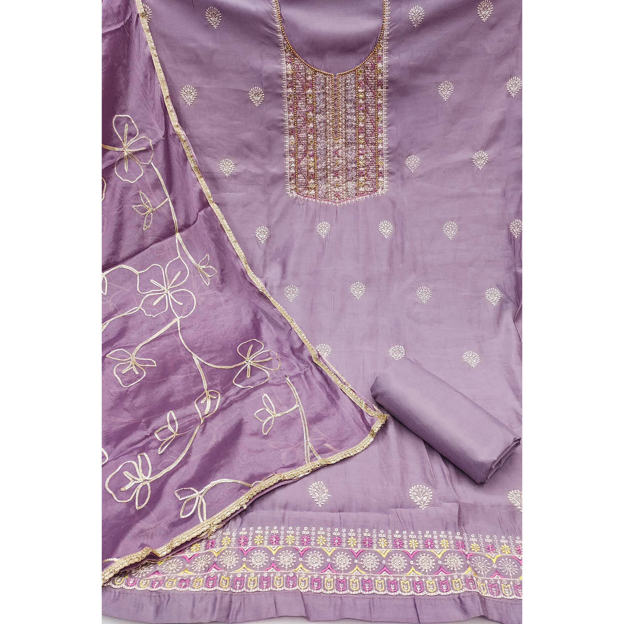 Lavender Floral Sequins Embroidery With Handwork Cotton Silk Dress Material - Image 4