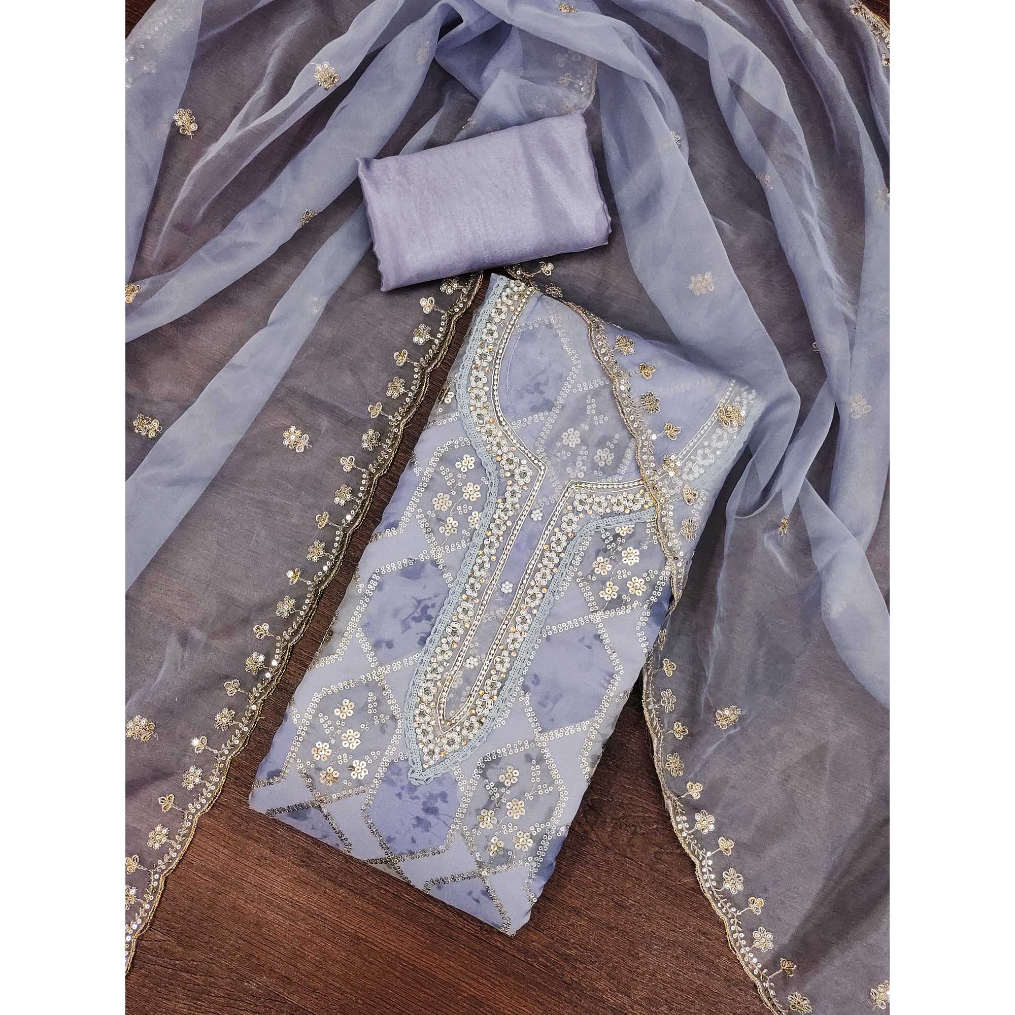 Lavender Floral Sequins Embroidery With Handwork Organza Dress Material - Image 3