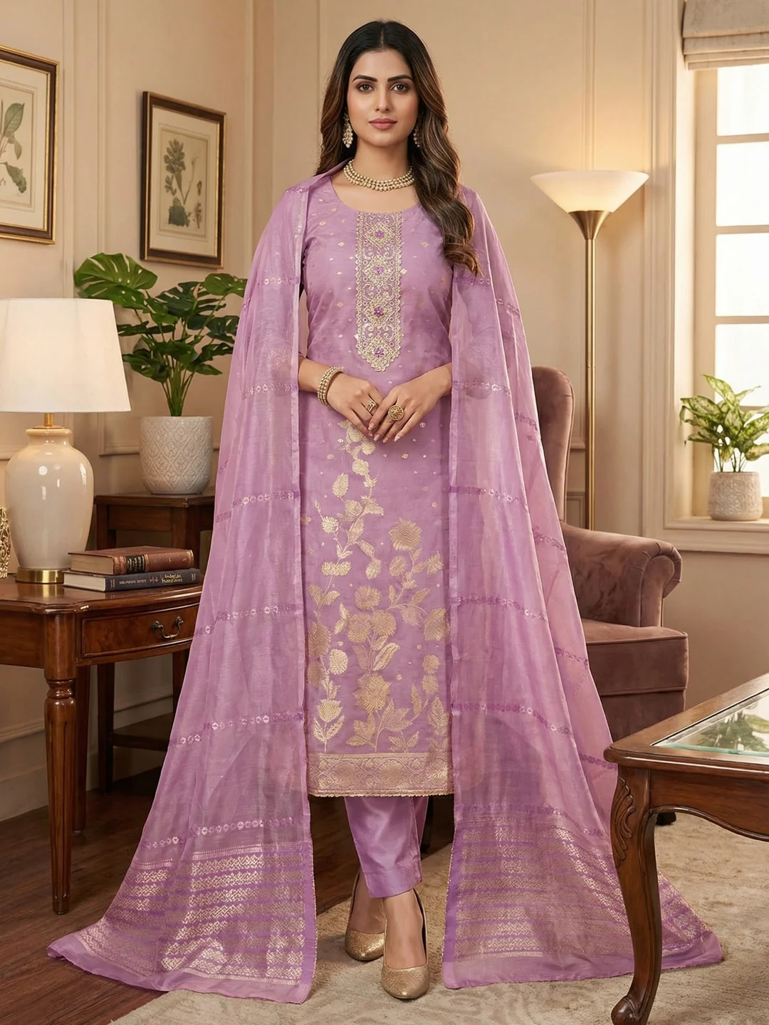 Lavender Floral Woven Shimmer Dress Material Featuring Delicate Sequins Embroidery On The Neckline