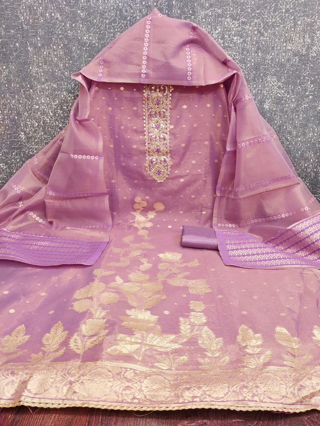 Lavender Floral Woven Shimmer Dress Material Featuring Delicate Sequins Embroidery On The Neckline - Image 5