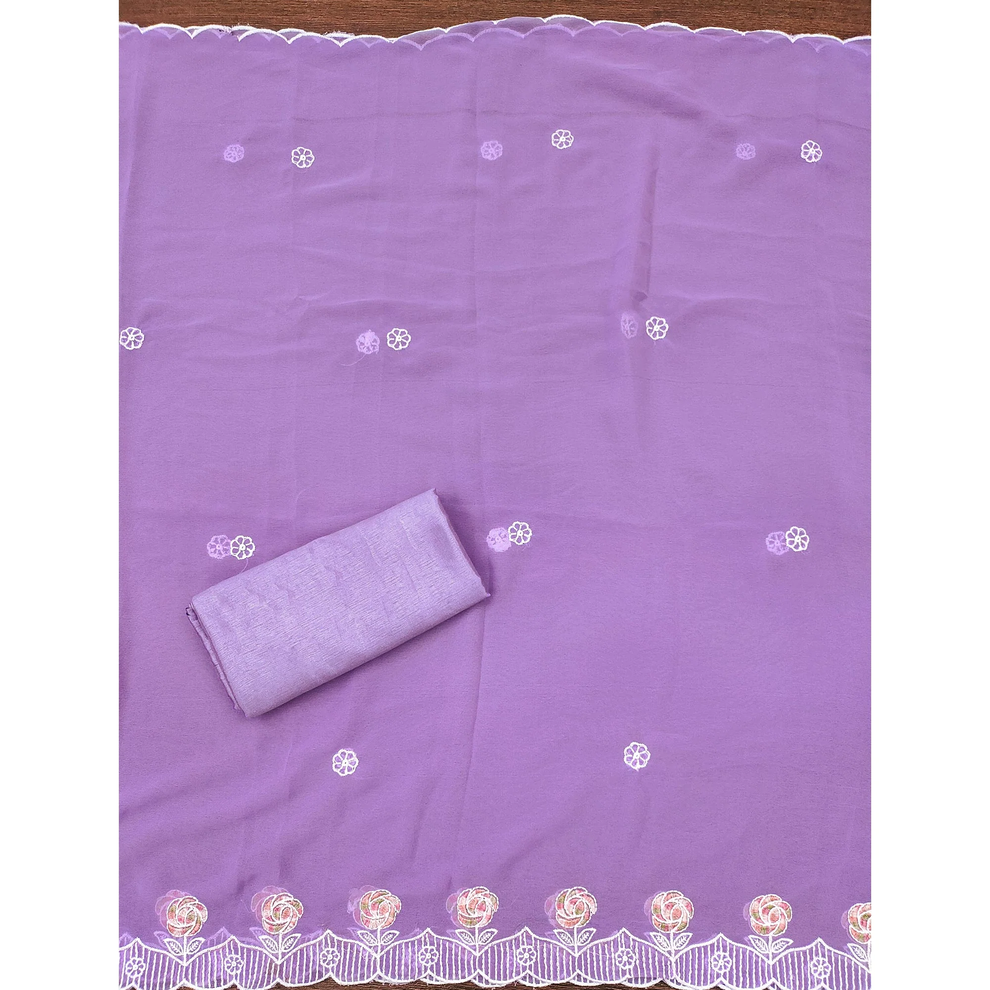 Lavender Georgette Dress Material Highlighted With Floral Thread Embroidery - Image 5