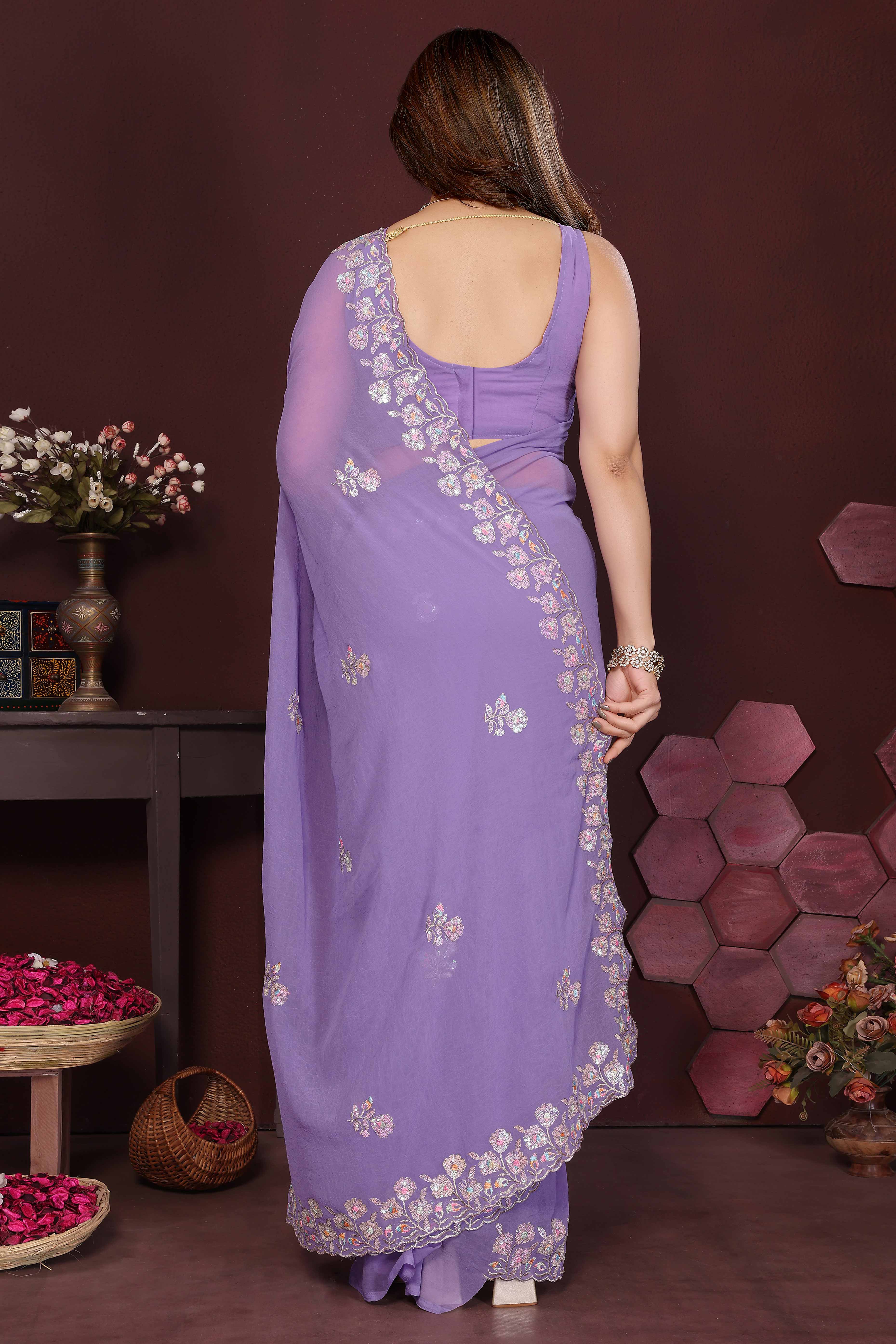 Lavender Georgette Saree Featuring Intricate Floral Sequin Embroidery - Image 5