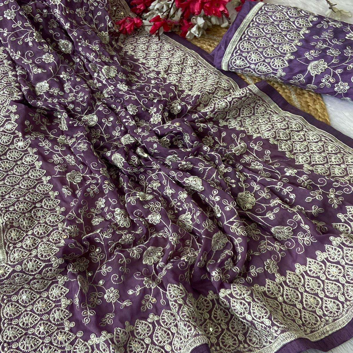 Lavender Georgette Saree With Sparkling Sequins & Delicate Floral Embroidery - Image 2