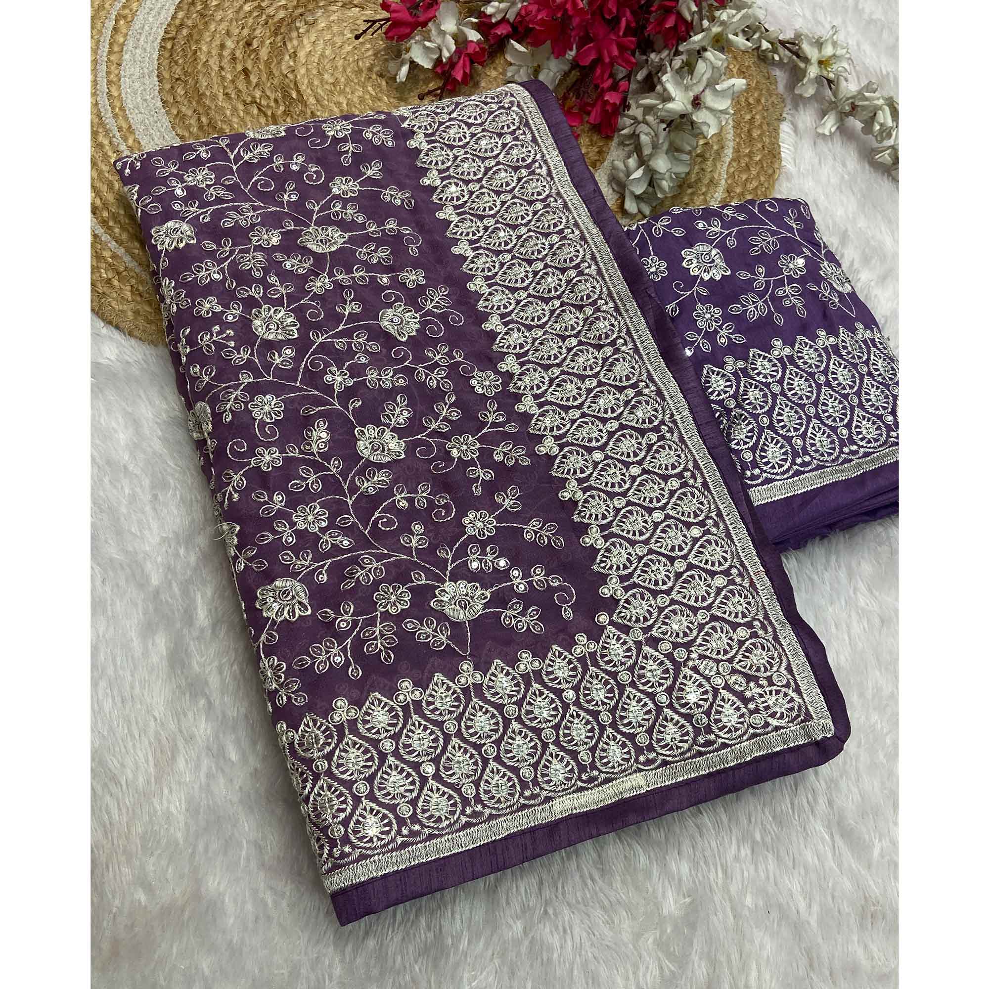 Lavender Georgette Saree With Sparkling Sequins & Delicate Floral Embroidery - Image 3