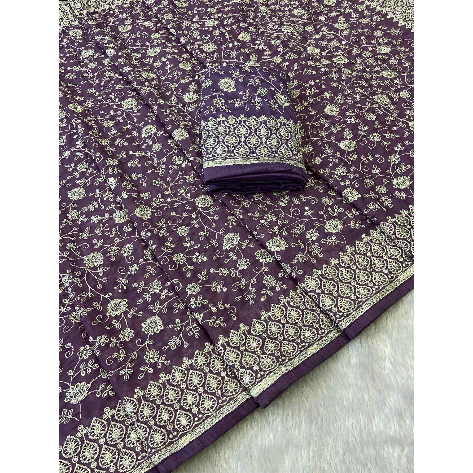 Lavender Georgette Saree With Sparkling Sequins & Delicate Floral Embroidery - Image 5