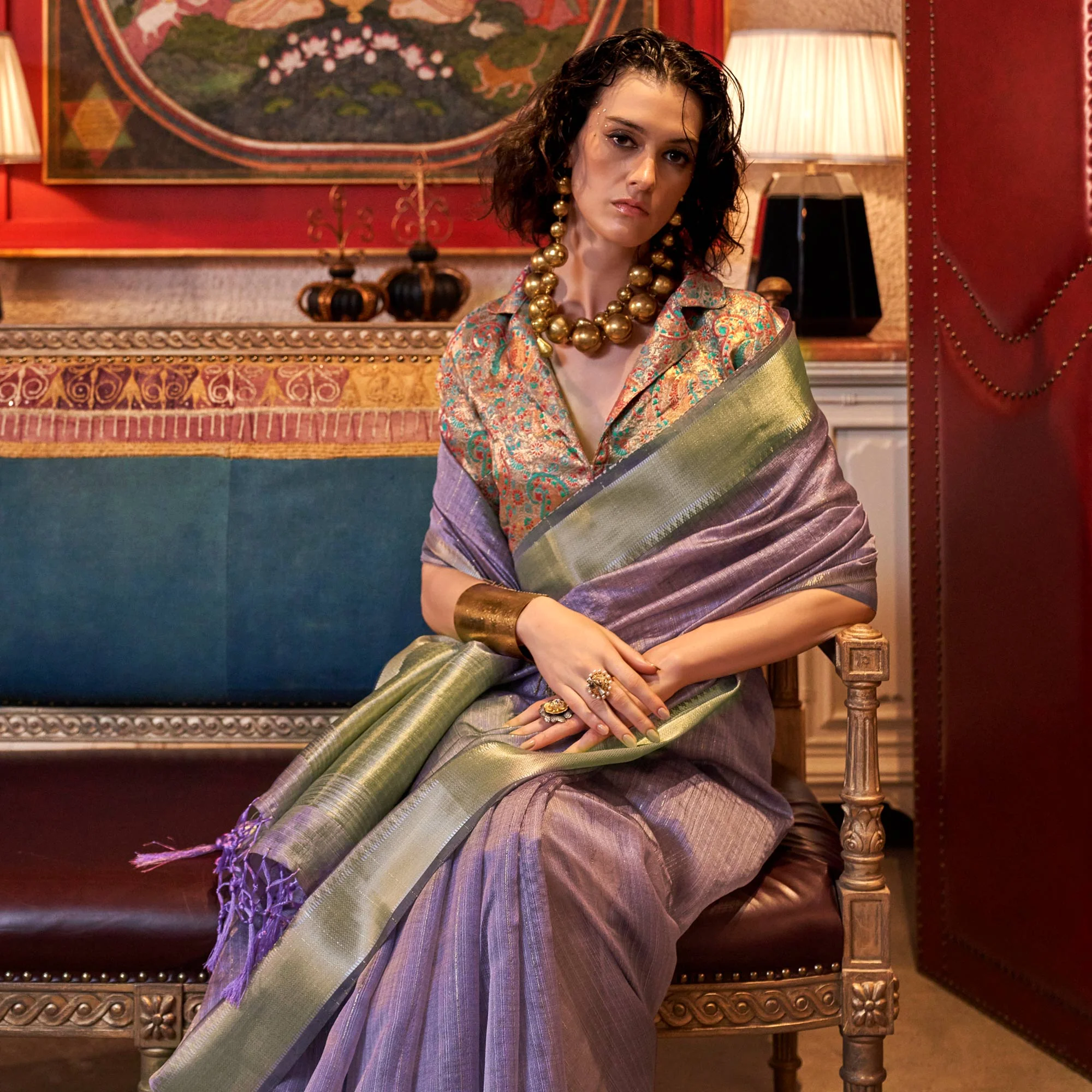 Lavender Handloom Woven Chiffon Saree - Image 4