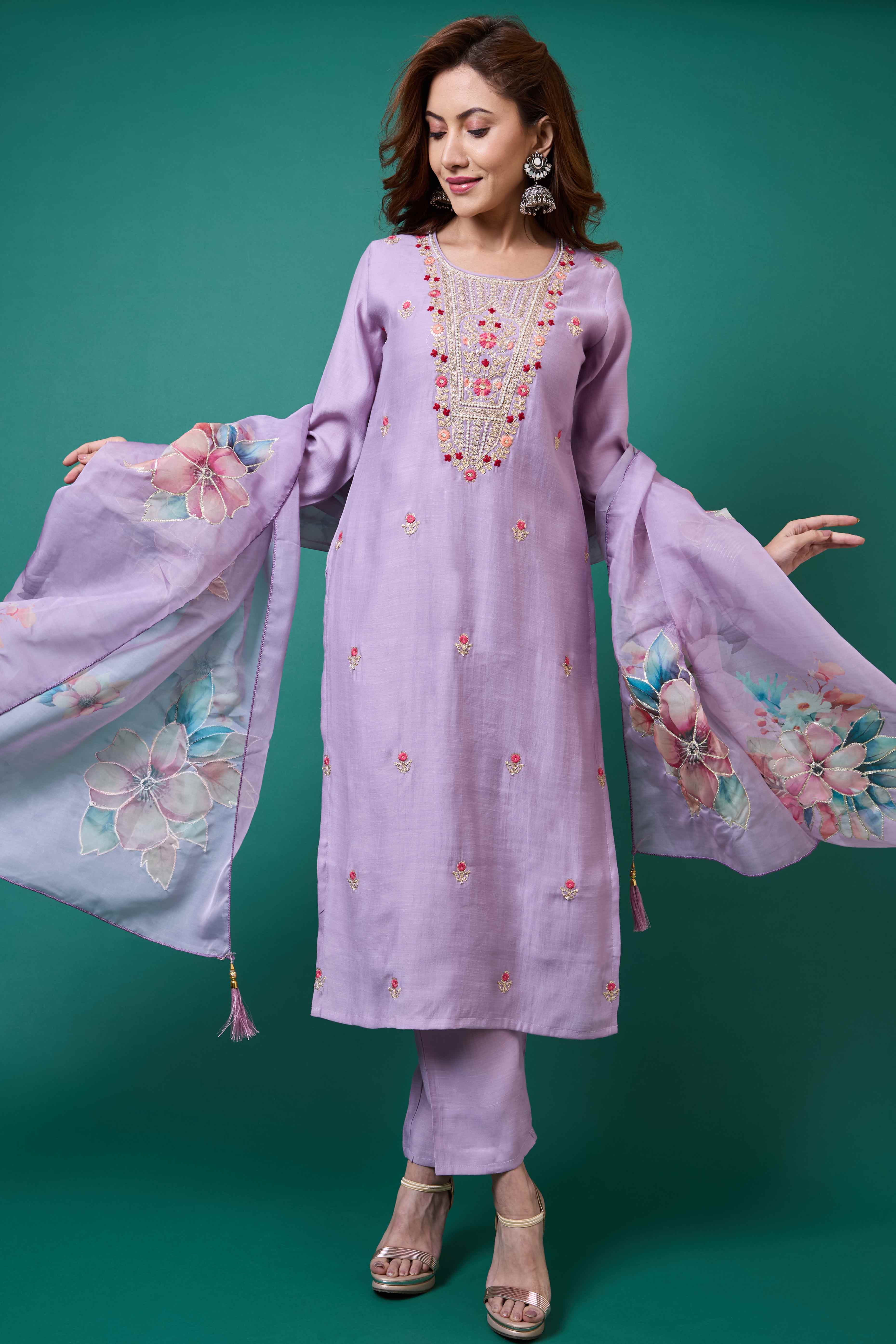 Lavender Handwork Embroidered Viscose Straight Salwar Suit - Image 2