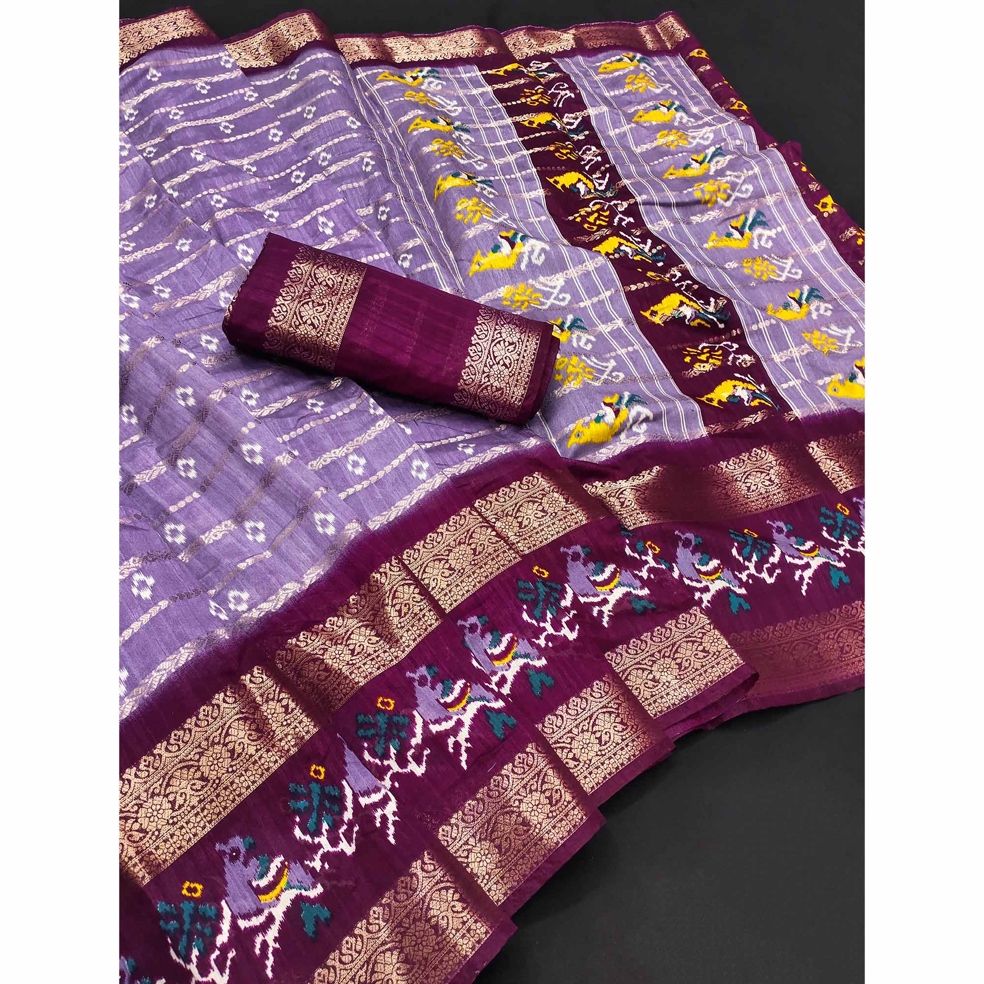 Lavender Ikkat Printed Dola Silk Saree With Elegant Weaving Work - Image 3