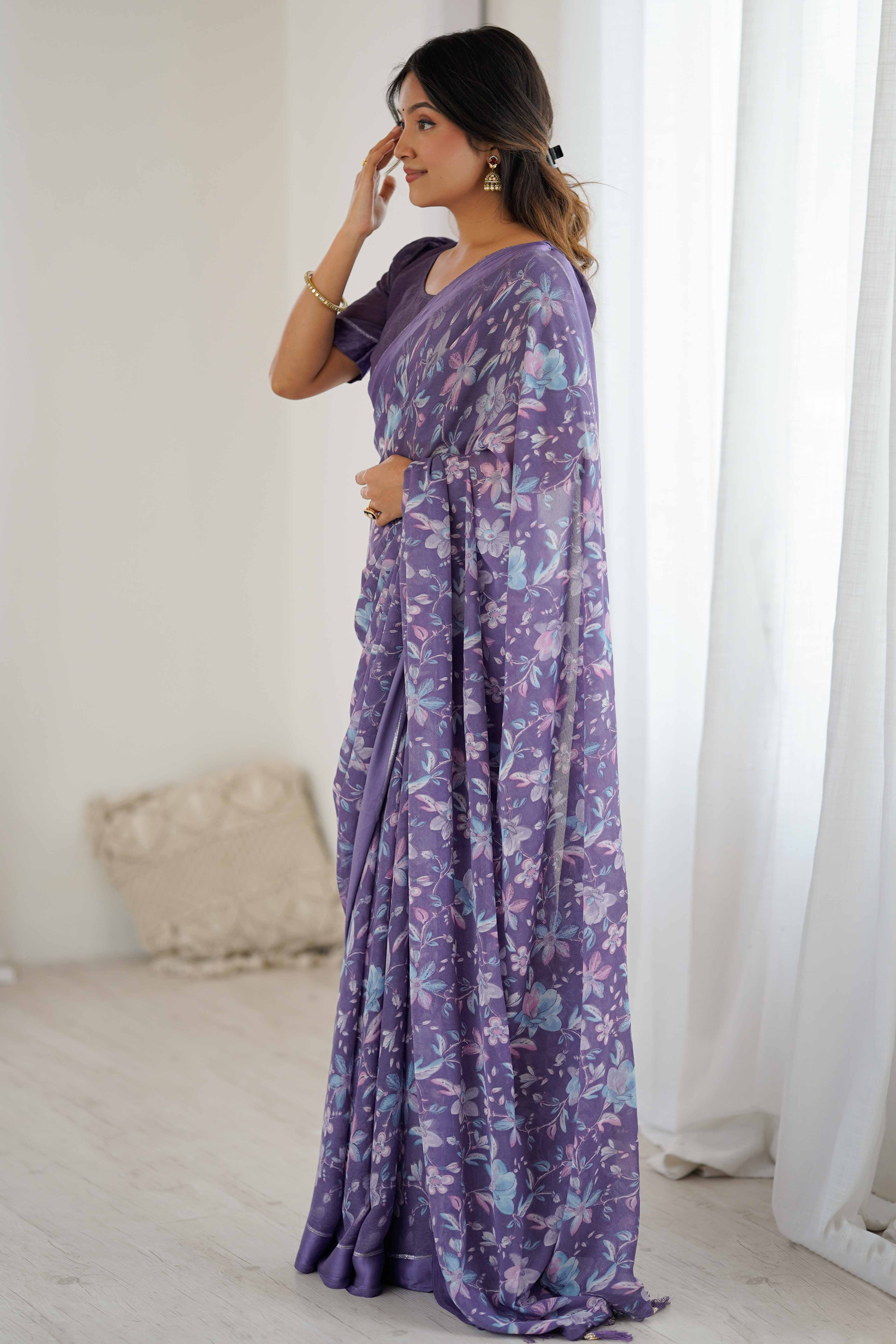Lavender Moss Silk Blend Saree With Artistic Floral Digital Print & Stylish Tassel Pallu - Image 3