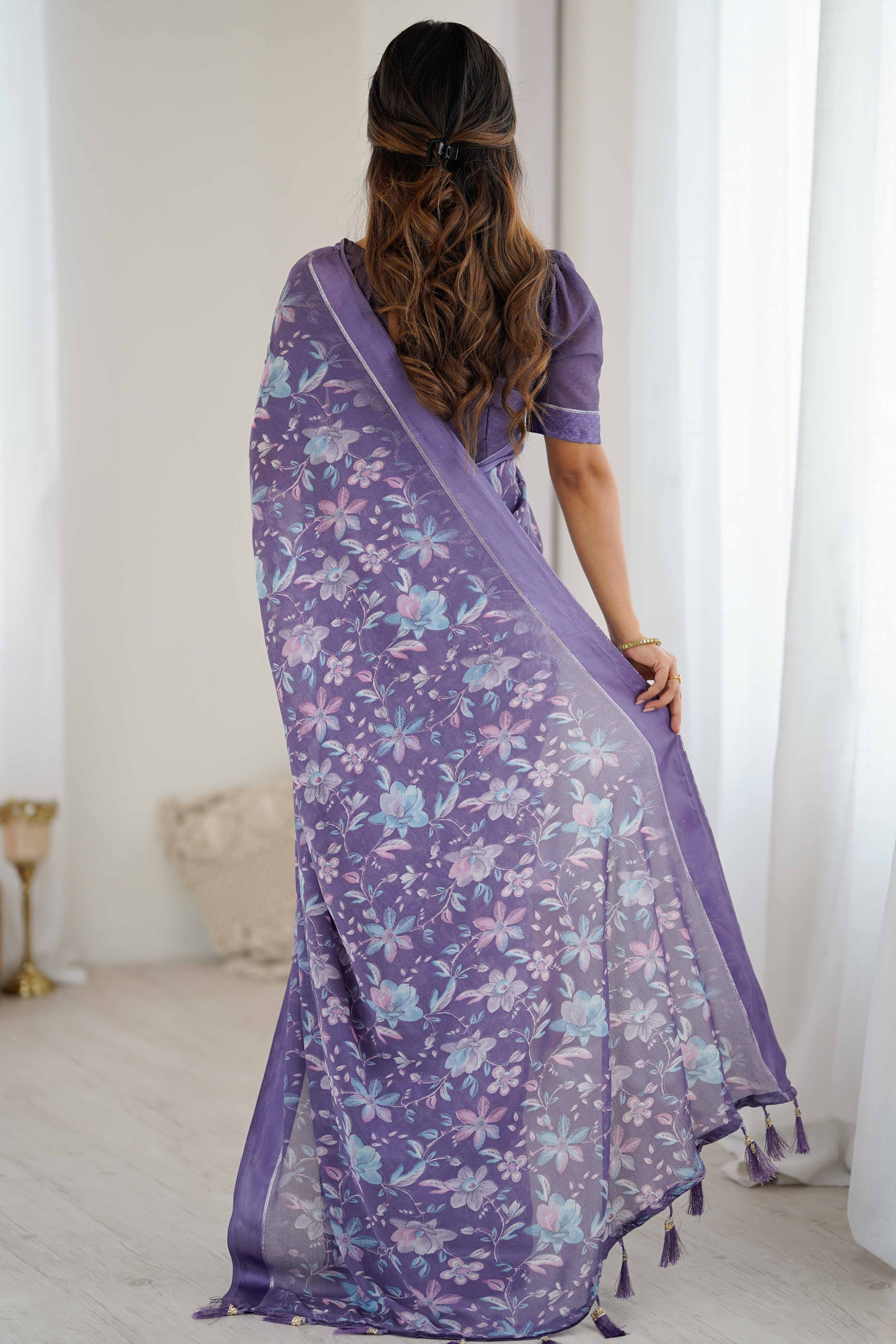 Lavender Moss Silk Blend Saree With Artistic Floral Digital Print & Stylish Tassel Pallu - Image 4