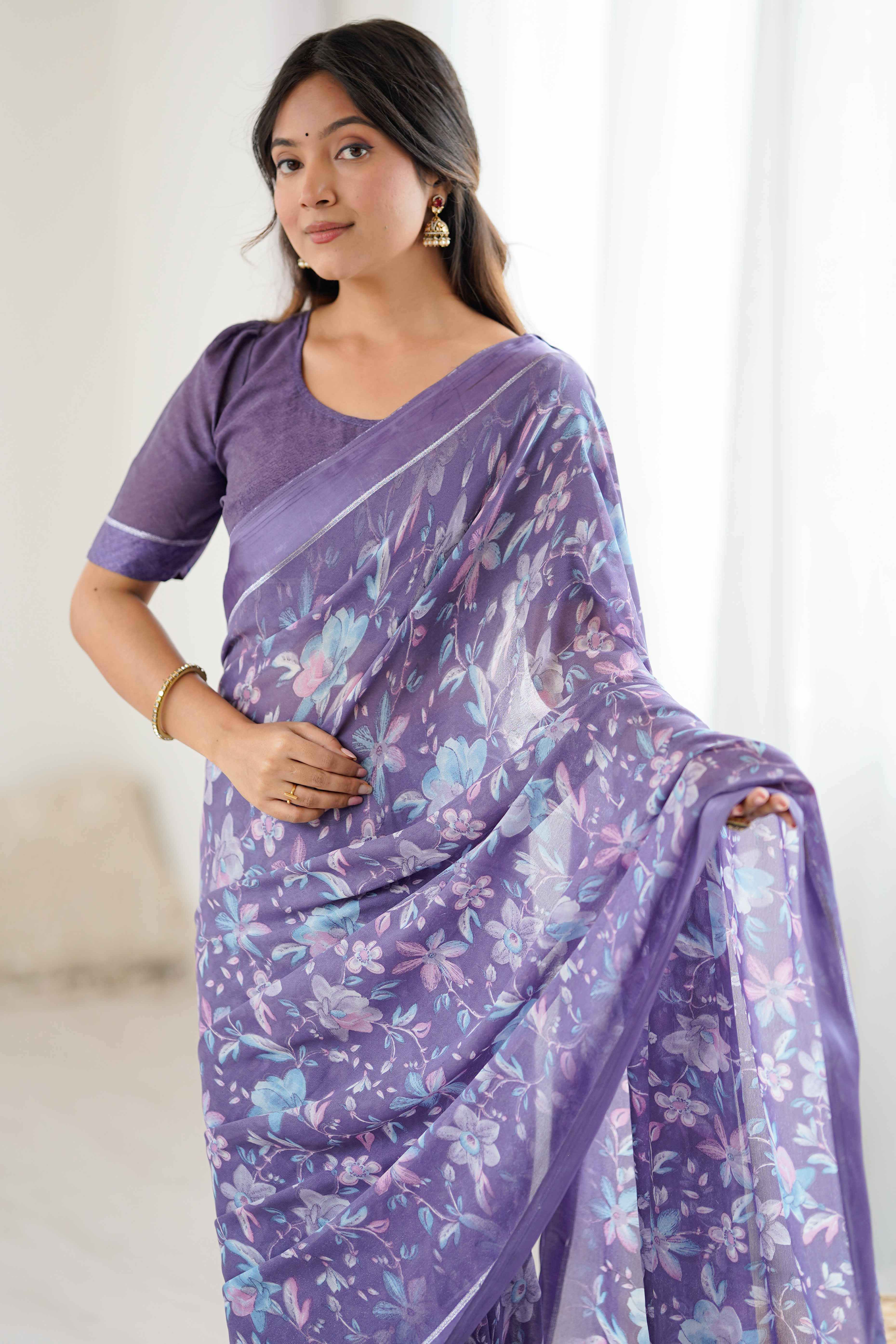 Lavender Moss Silk Blend Saree With Artistic Floral Digital Print & Stylish Tassel Pallu - Image 5