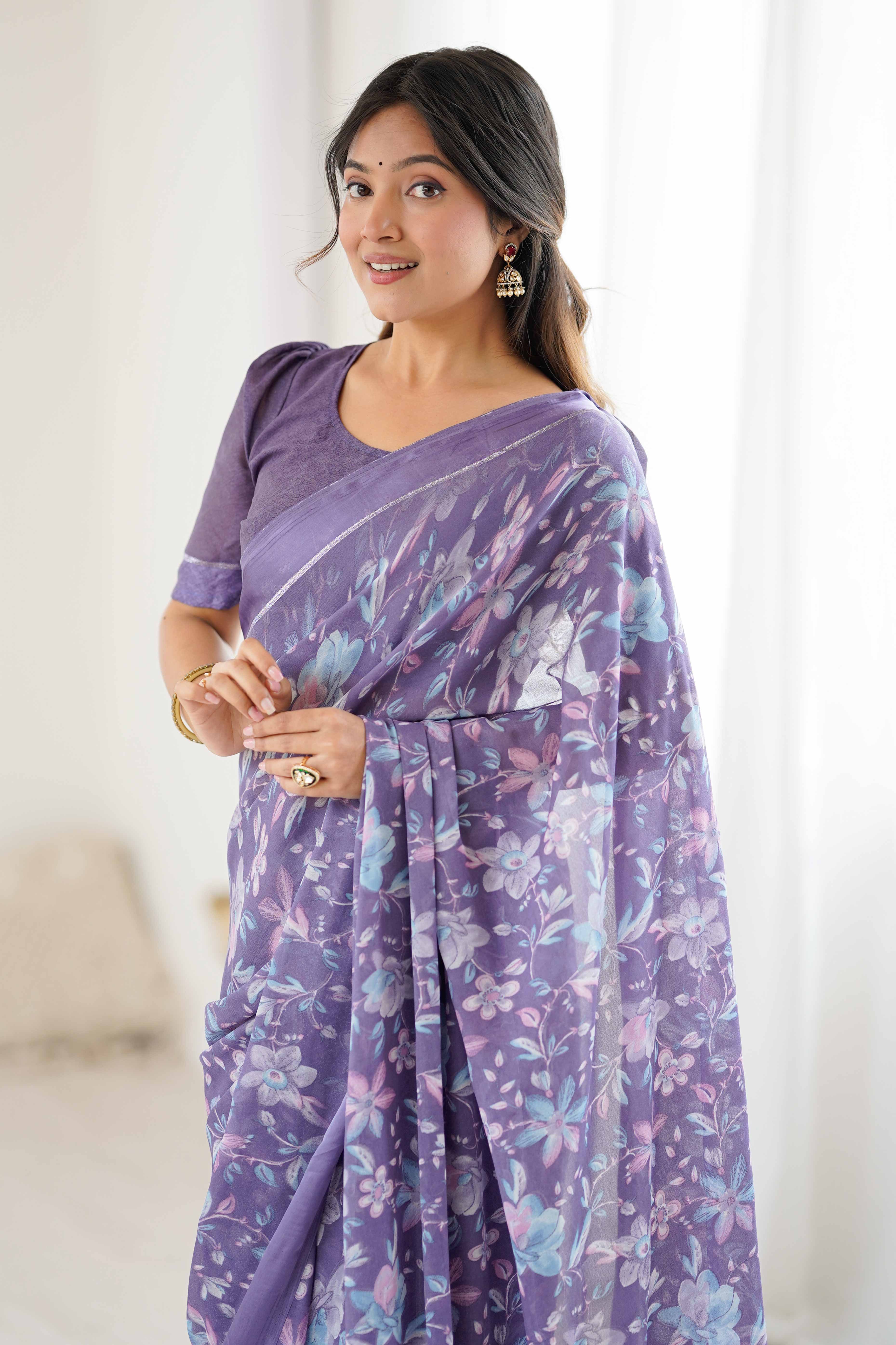 Lavender Moss Silk Blend Saree With Artistic Floral Digital Print & Stylish Tassel Pallu - Image 6