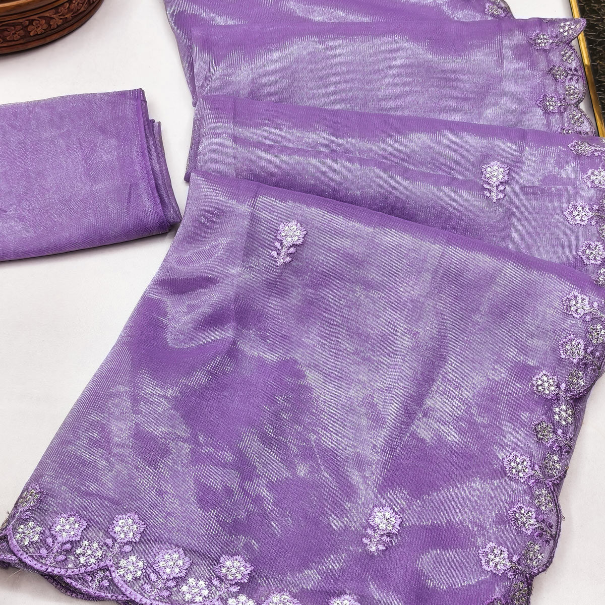Lavender Net Partywear Saree Featuring Fine Floral Embroidery and a Soft, Flowing Look - Image 2