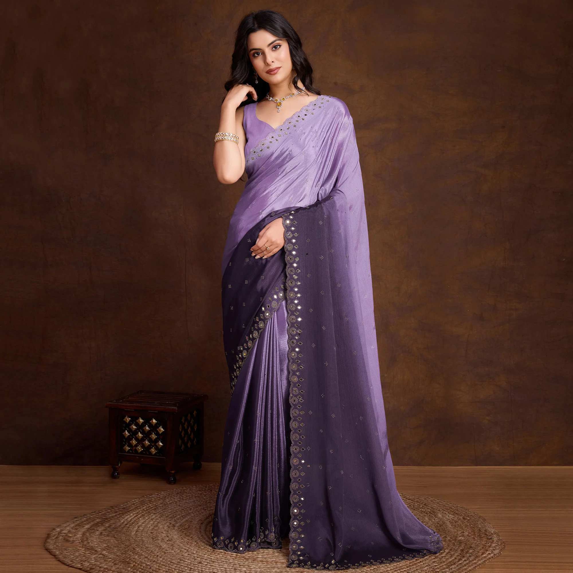 Lavender Ombre Chinon Saree With Mirror Border - Image 2