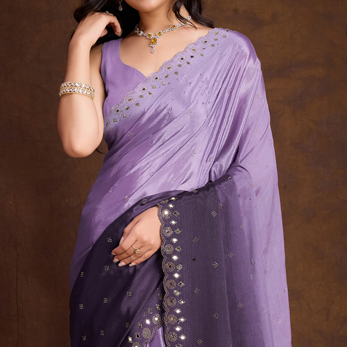 Lavender Ombre Chinon Saree With Mirror Border - Image 3
