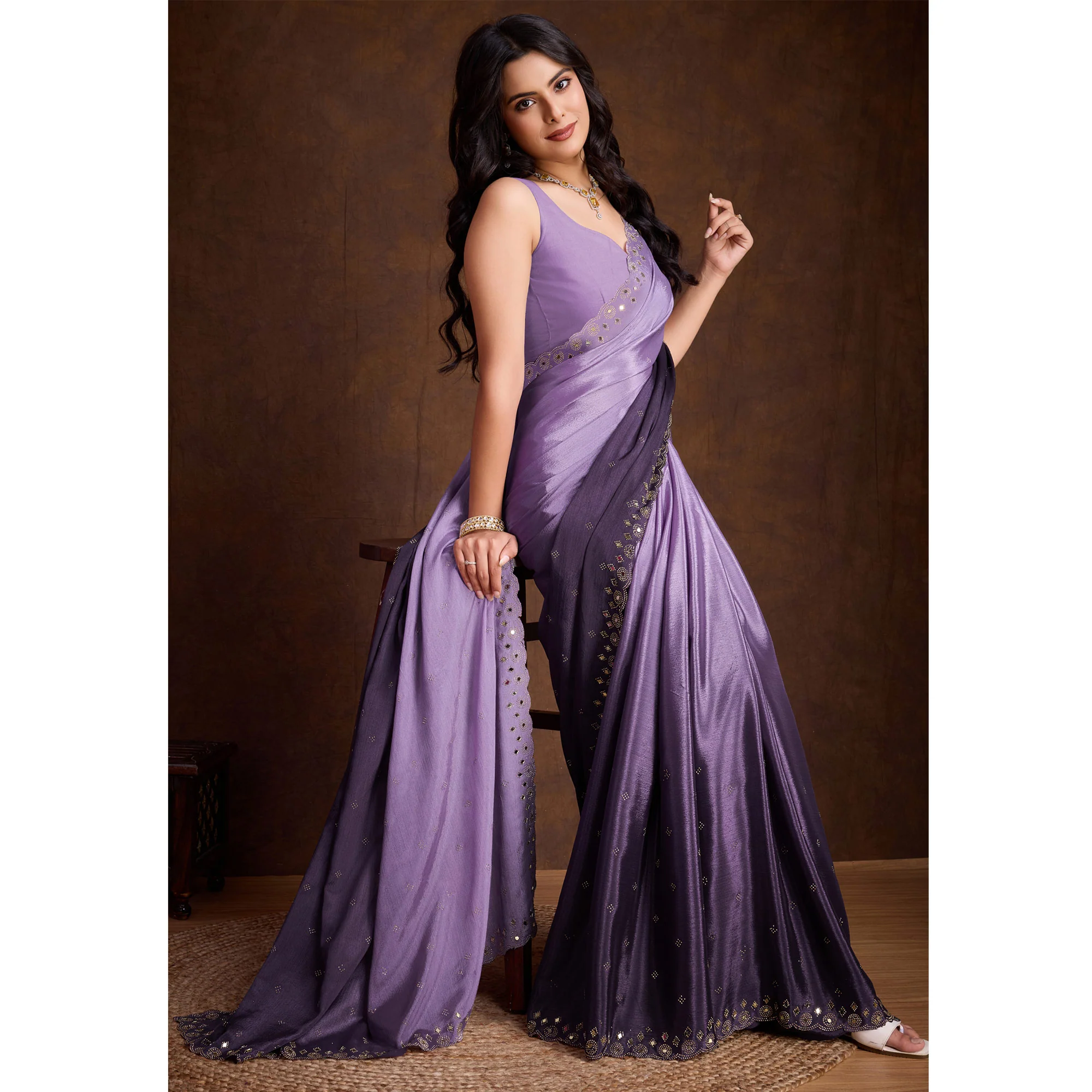 Lavender Ombre Chinon Saree With Mirror Border - Image 4