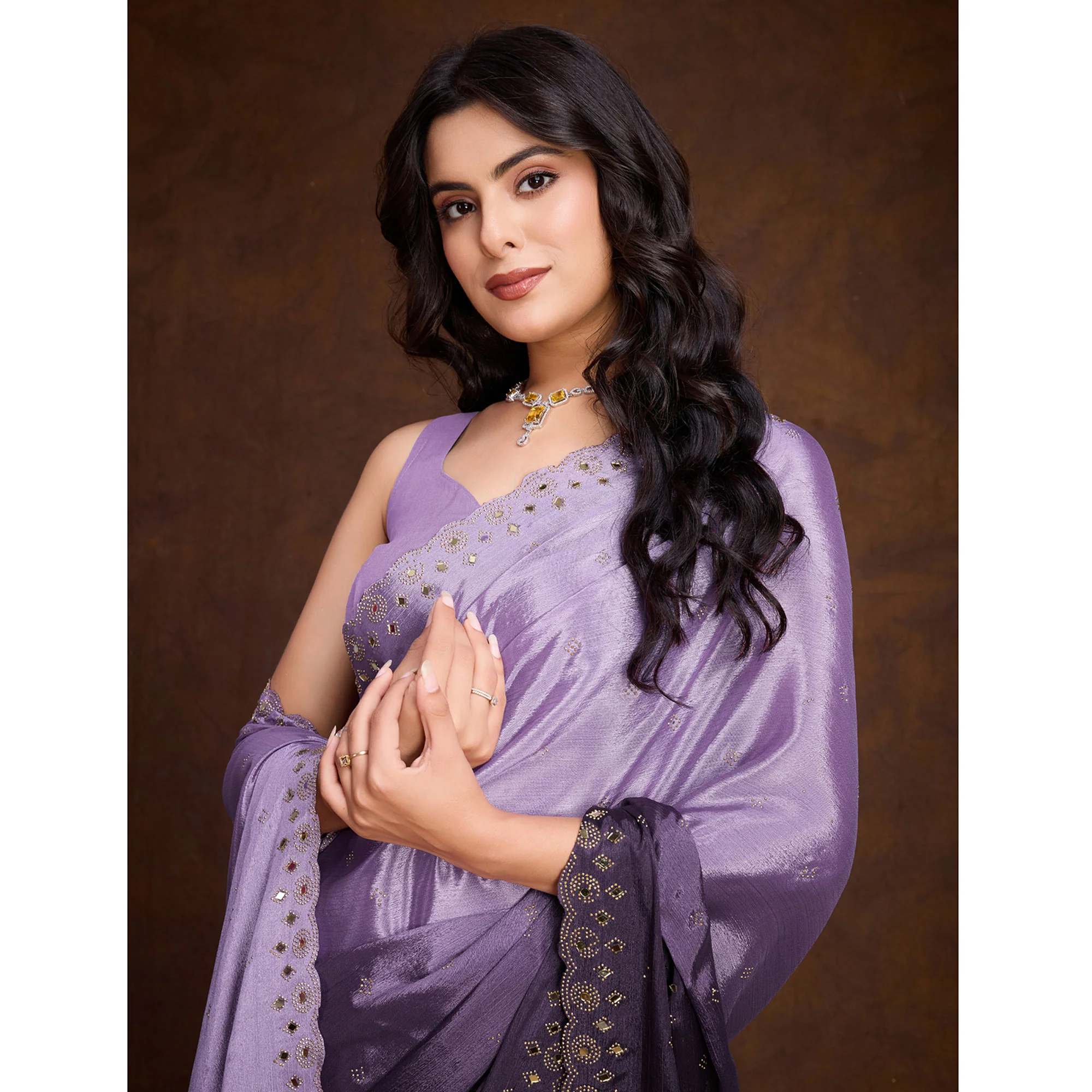 Lavender Ombre Chinon Saree With Mirror Border - Image 5