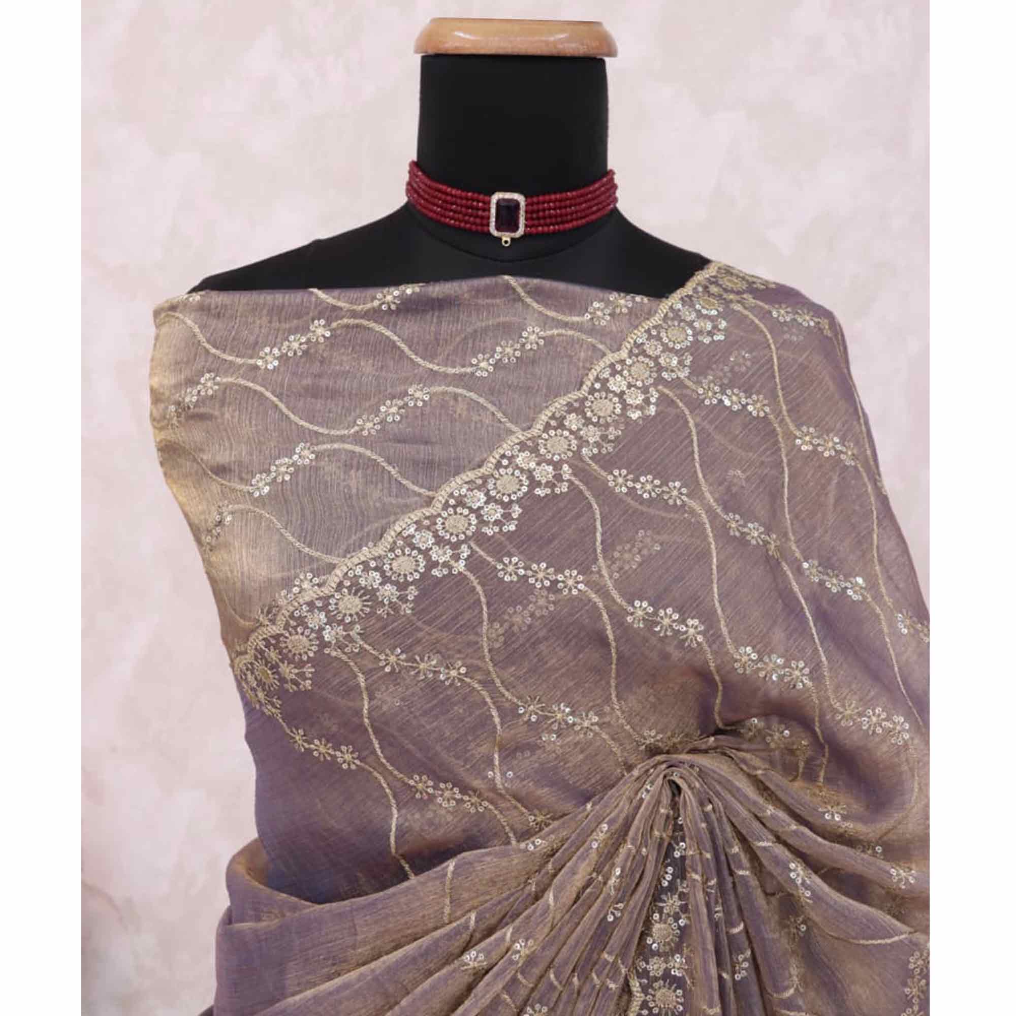 Lavender Partywear Organza Chiffon Silk Saree Highlighted with Fine Sequins Detailing - Image 10