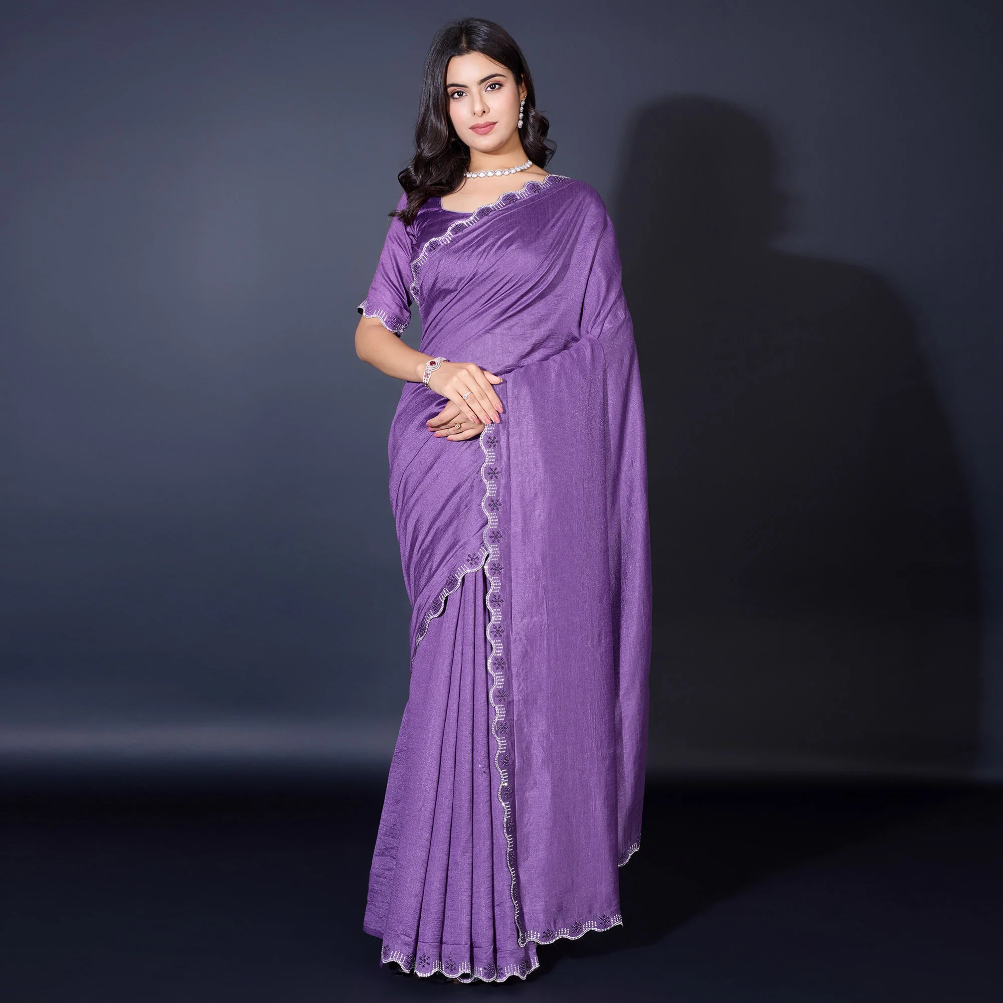 Lavender Pearl Work Embroidered Khaadi Saree - Image 2