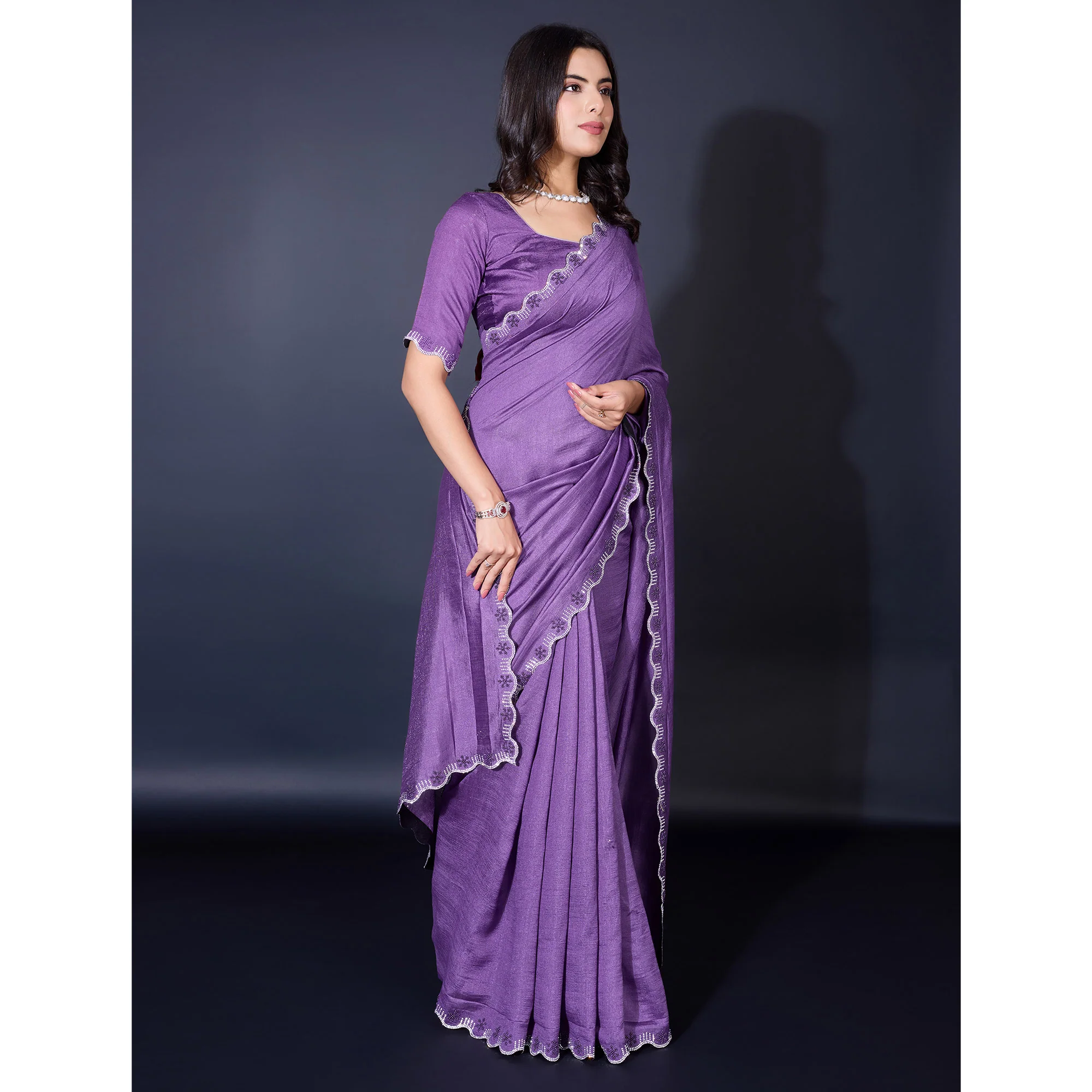 Lavender Pearl Work Embroidered Khaadi Saree - Image 5