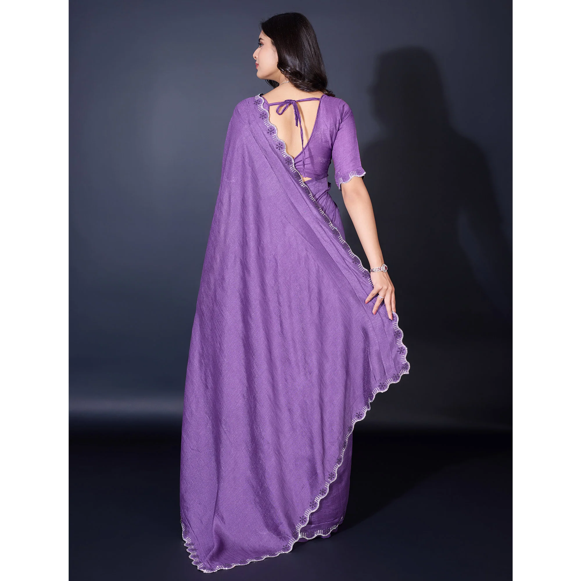 Lavender Pearl Work Embroidered Khaadi Saree - Image 6