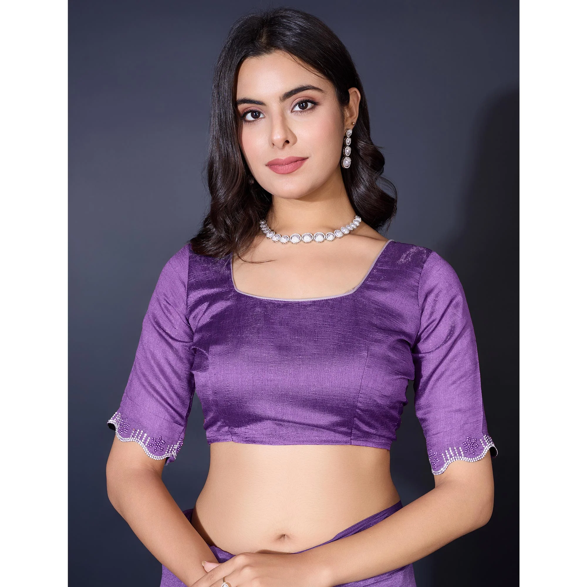 Lavender Pearl Work Embroidered Khaadi Saree - Image 8