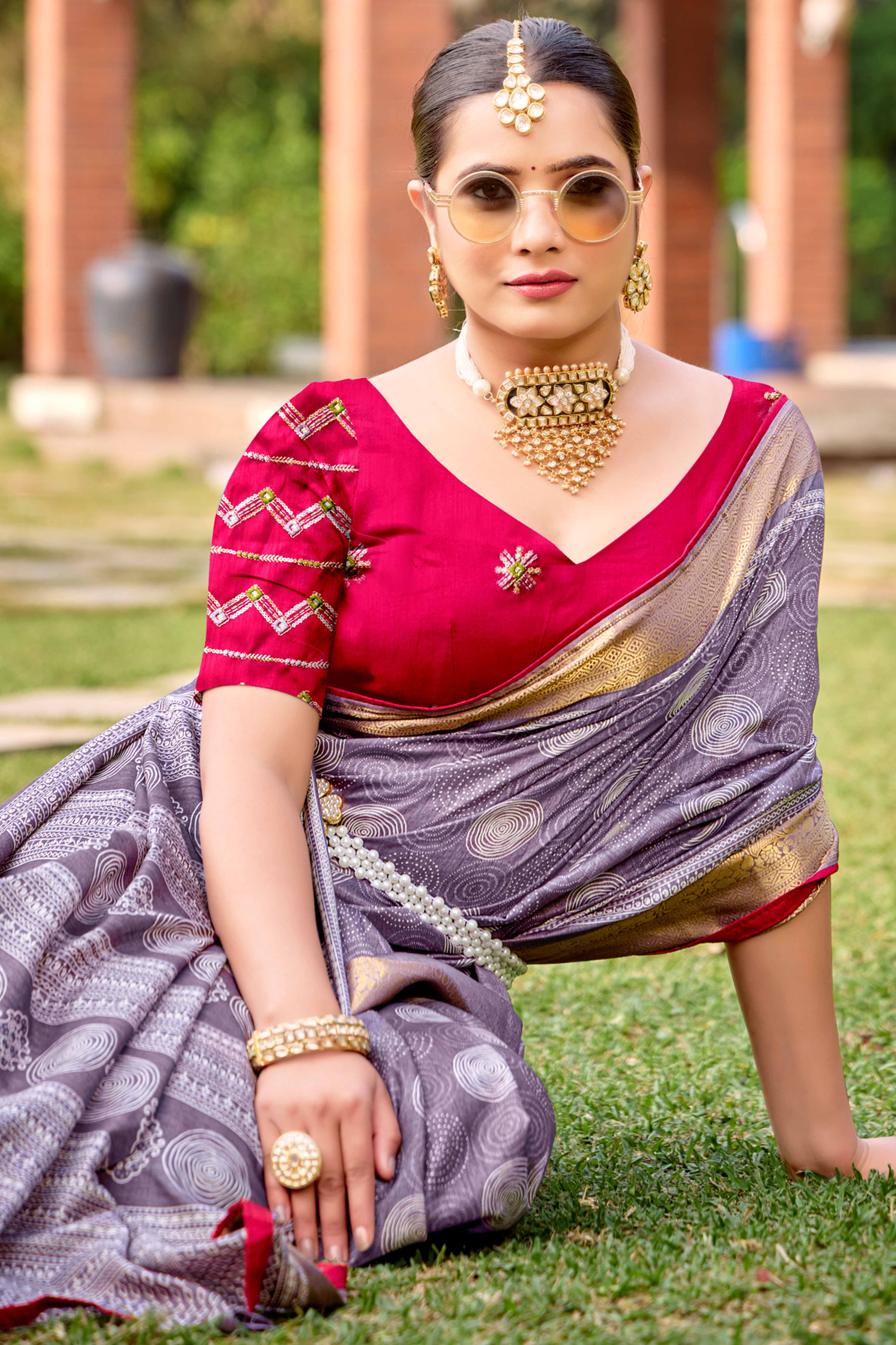 Lavender Printed Dola Silk Saree With Ornate Zari Border & Tassel Pallu - Image 3