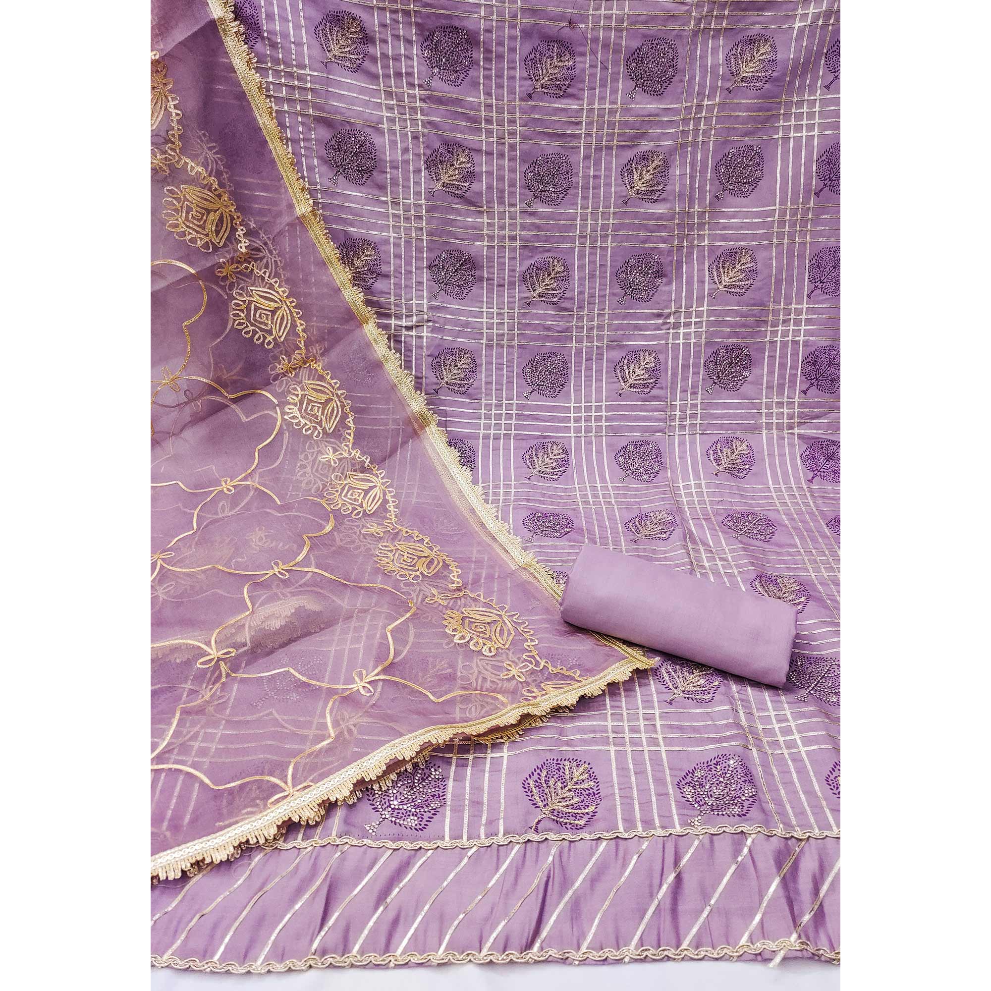 Lavender Printed With Gota Patti & Stonework Roman Cotton Silk Dress Material - Image 4