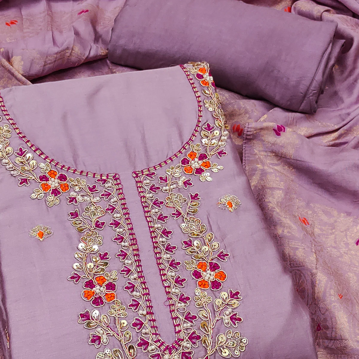 Lavender Pure Cotton Dress Material Featuring Floral Sequins Cording Embroidery With Moti Handwork - Image 2