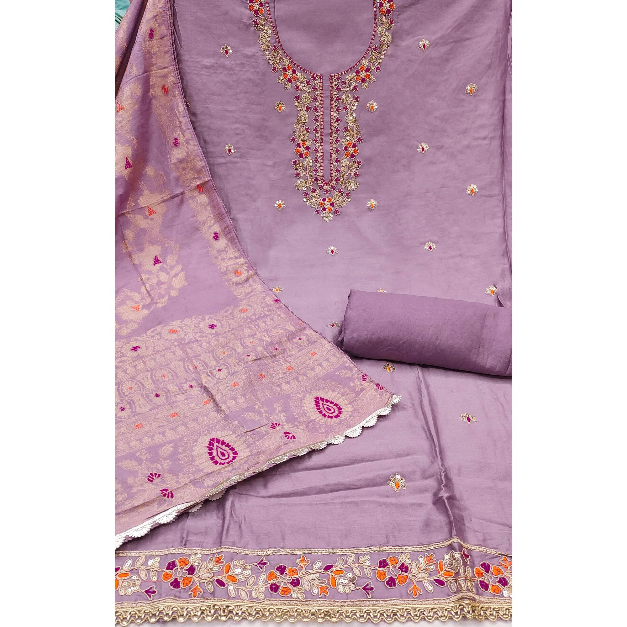 Lavender Pure Cotton Dress Material Featuring Floral Sequins Cording Embroidery With Moti Handwork - Image 4