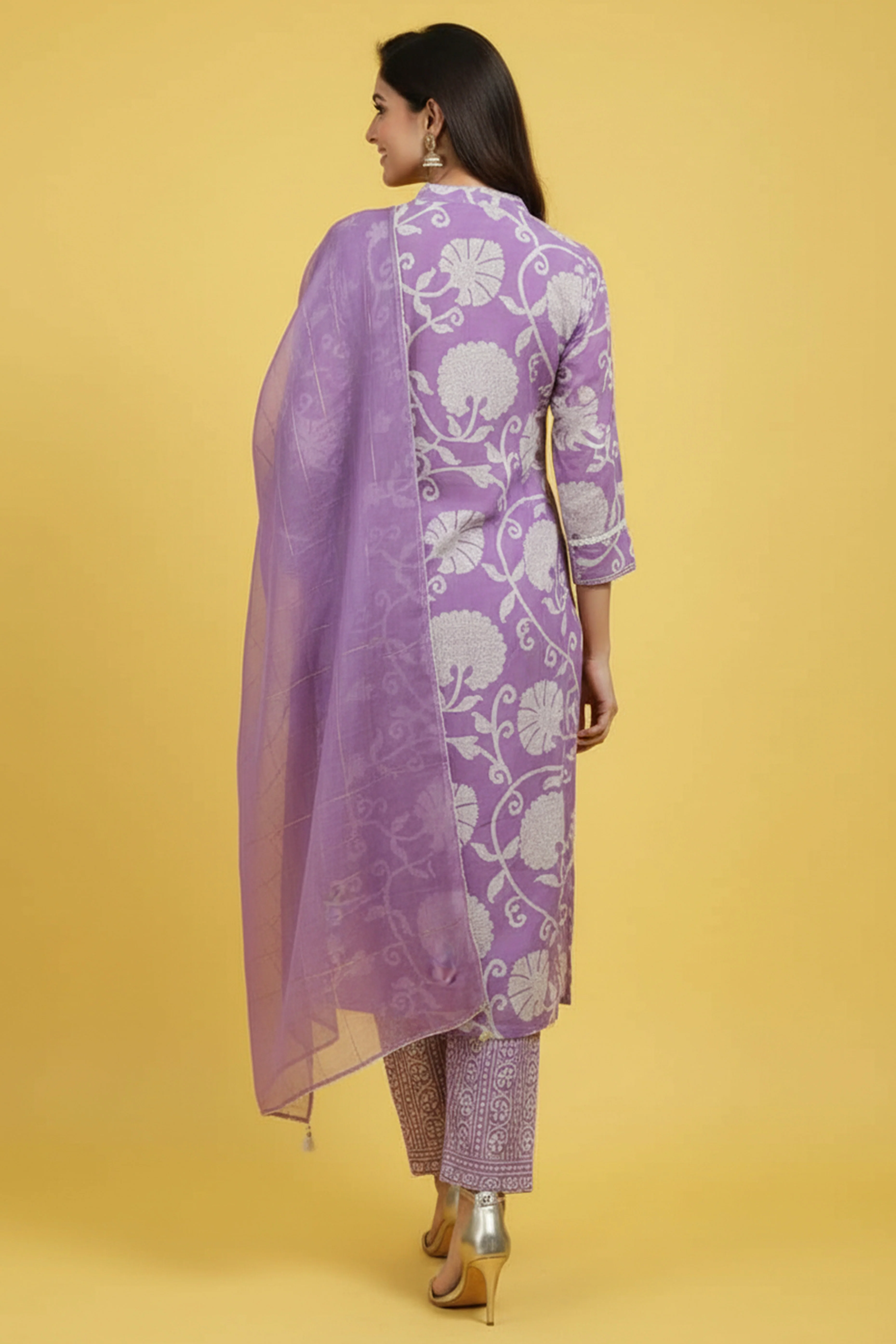 Lavender Pure Cotton Straight Salwar Suit with Floral Print - Image 3