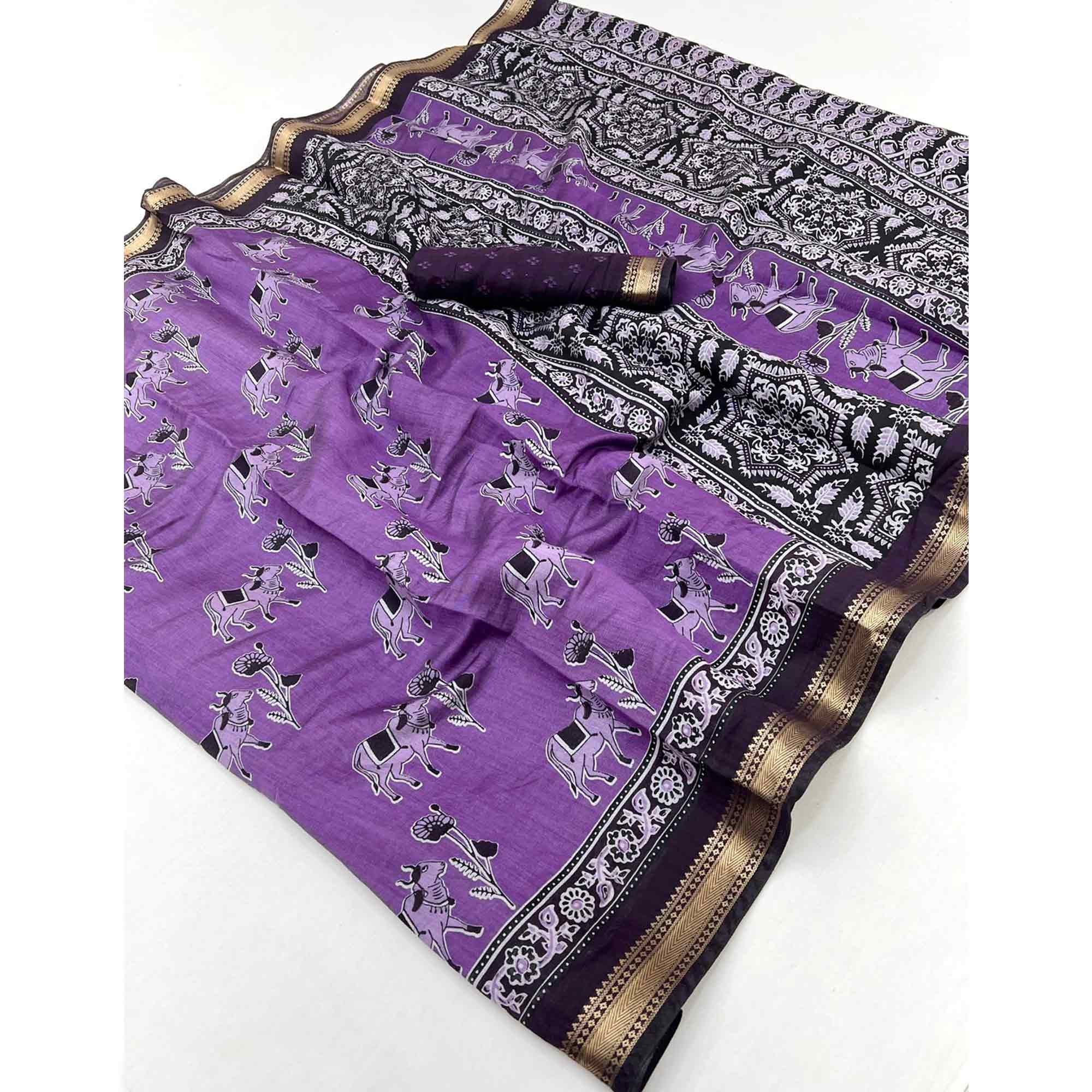 Lavender Rustic Handblock Folk Printed Mulmul Cotton Saree - Image 3