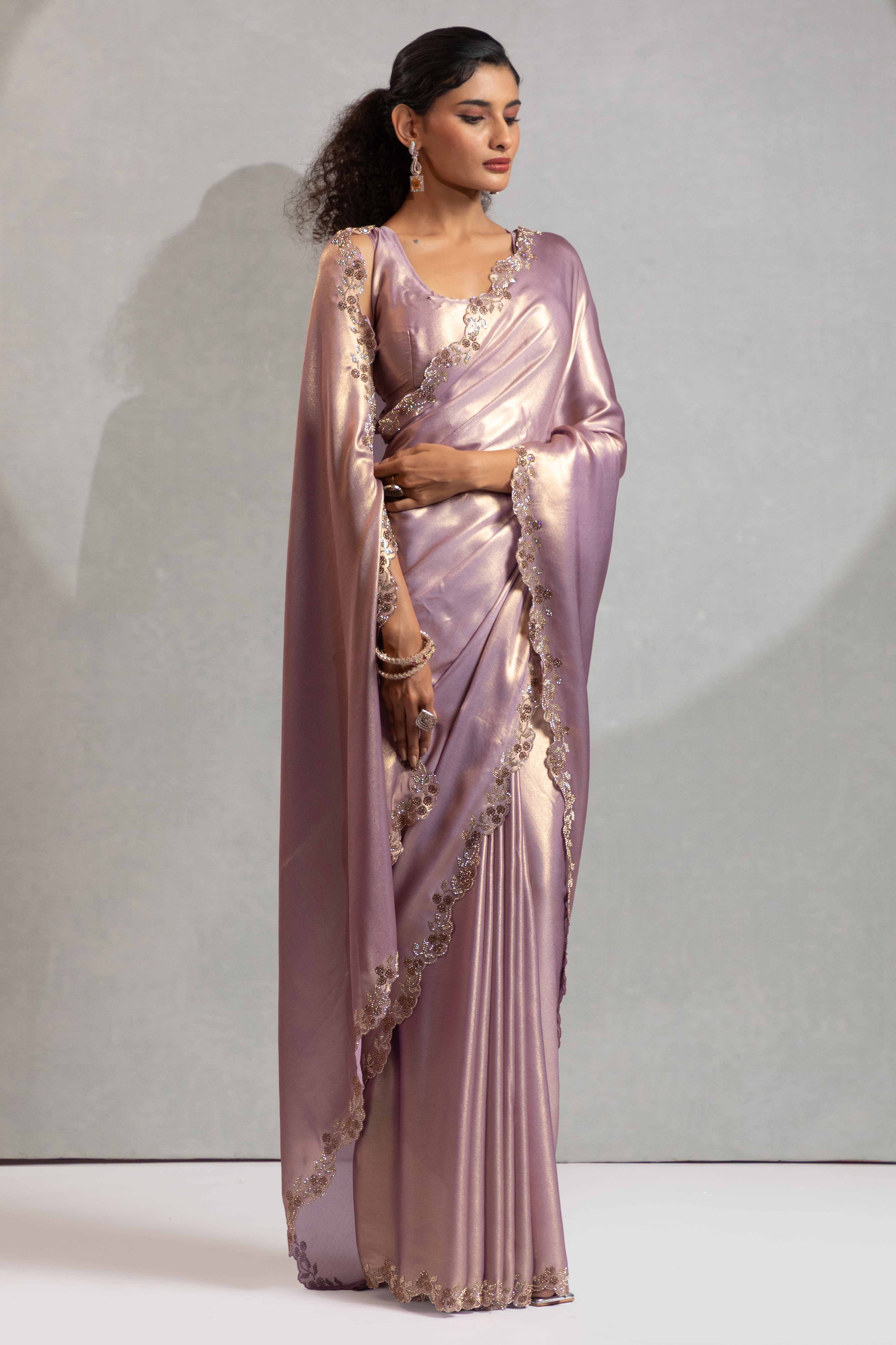 Lavender Satin Georgette Saree Adorned With Subtle Foil Finish & A Sparkling Zarkan Work Border - Image 3
