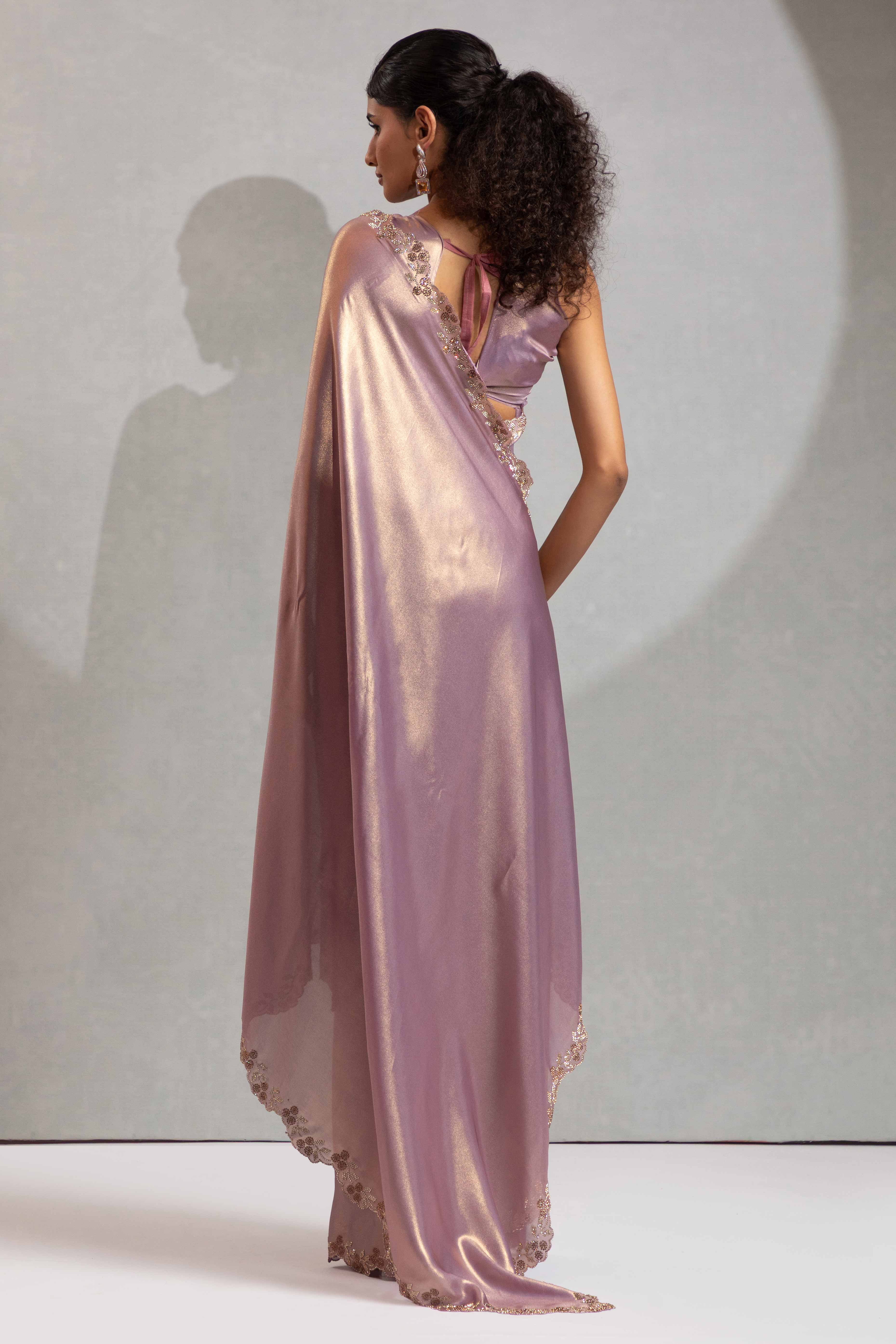 Lavender Satin Georgette Saree Adorned With Subtle Foil Finish & A Sparkling Zarkan Work Border - Image 4